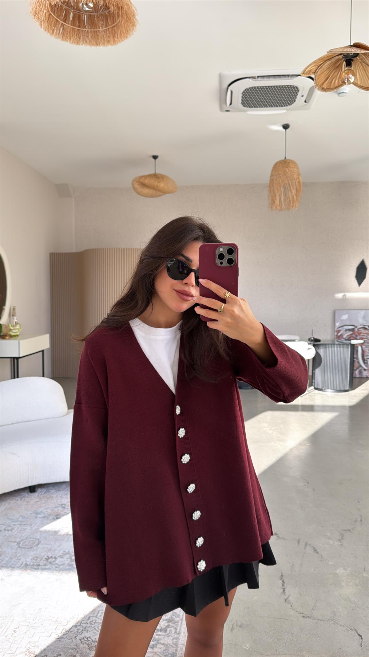 Bordo Taş Düğmeli Oversize Hırka