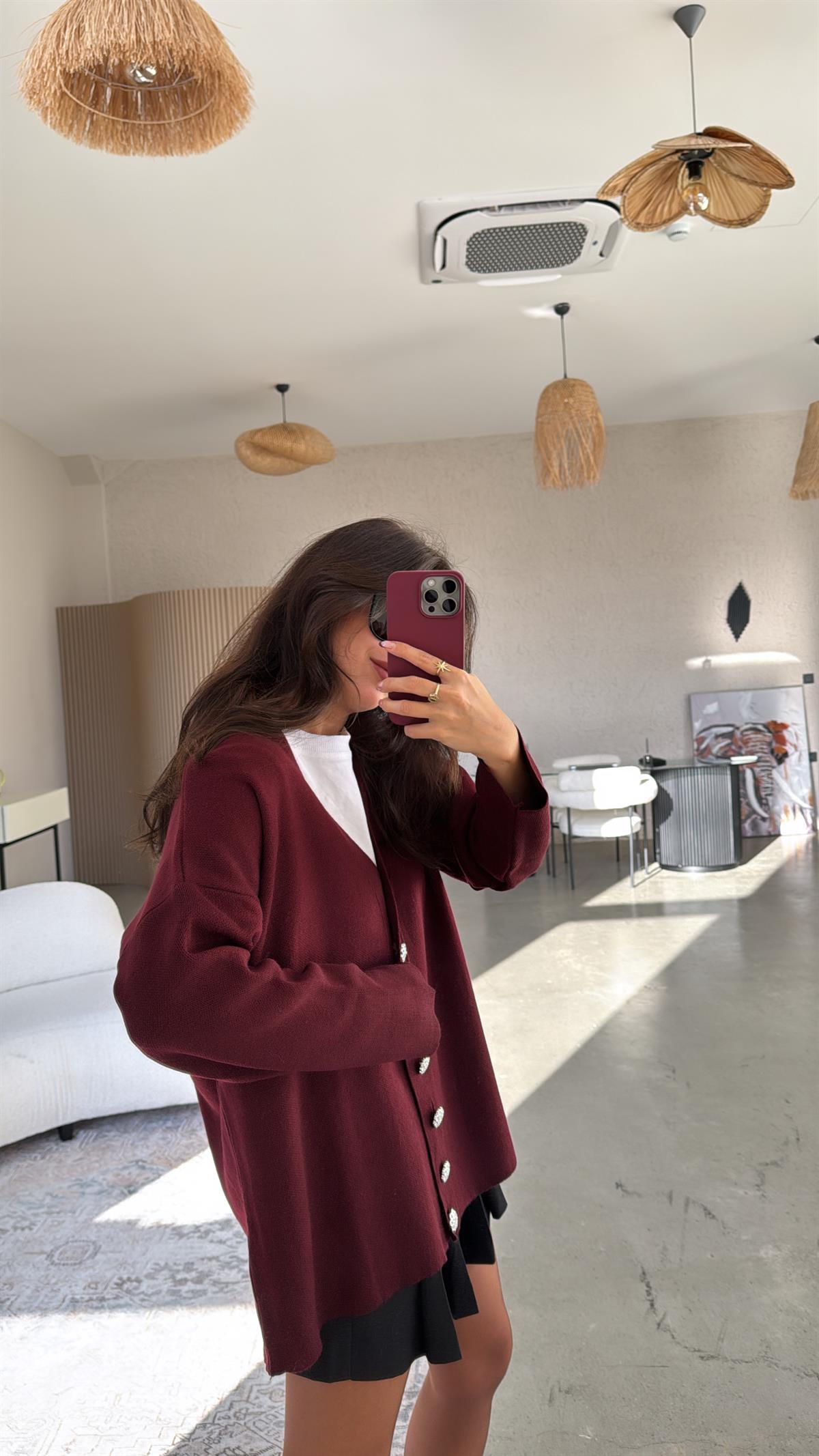 Bordo Taş Düğmeli Oversize Hırka