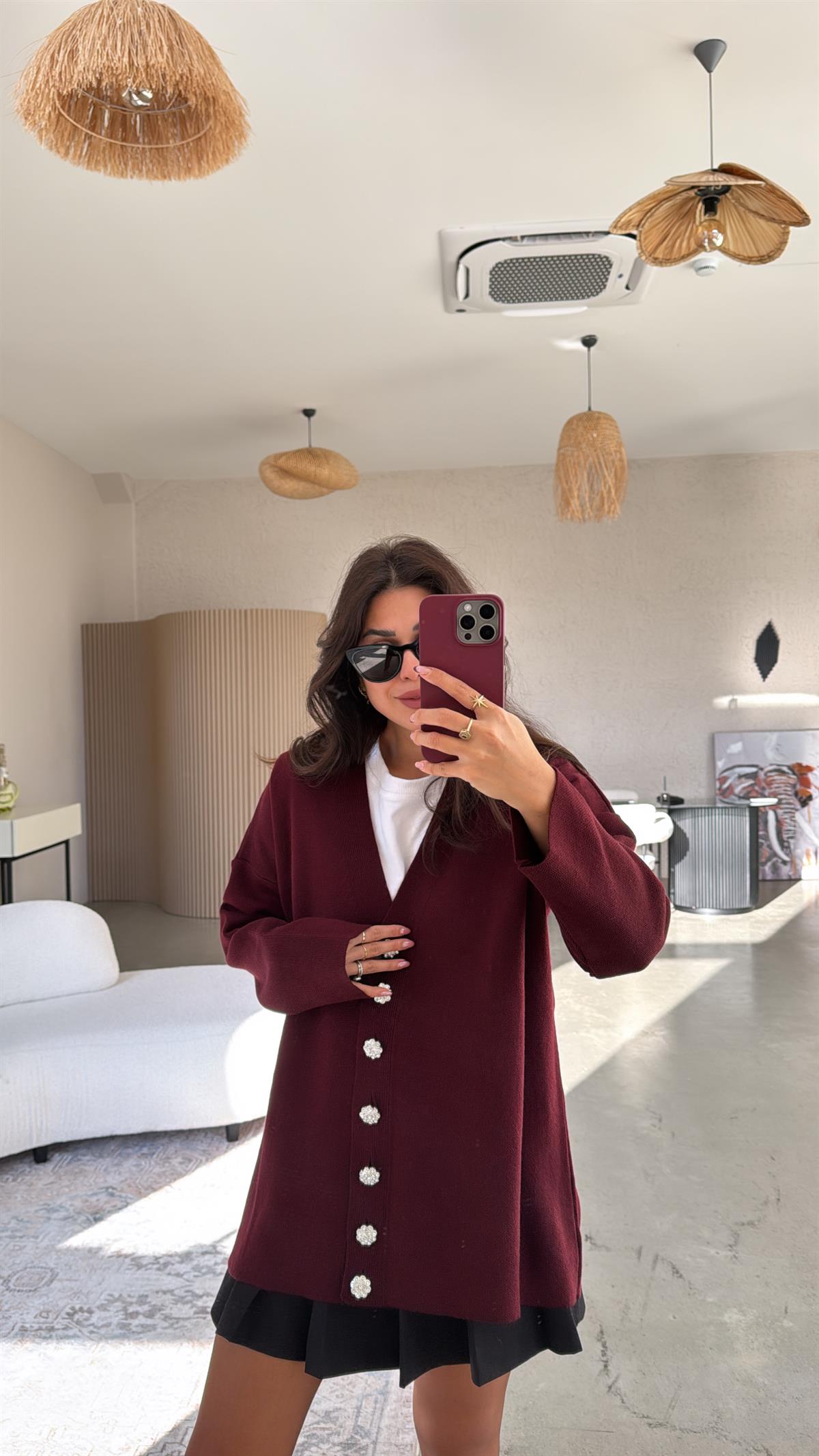 Bordo Taş Düğmeli Oversize Hırka