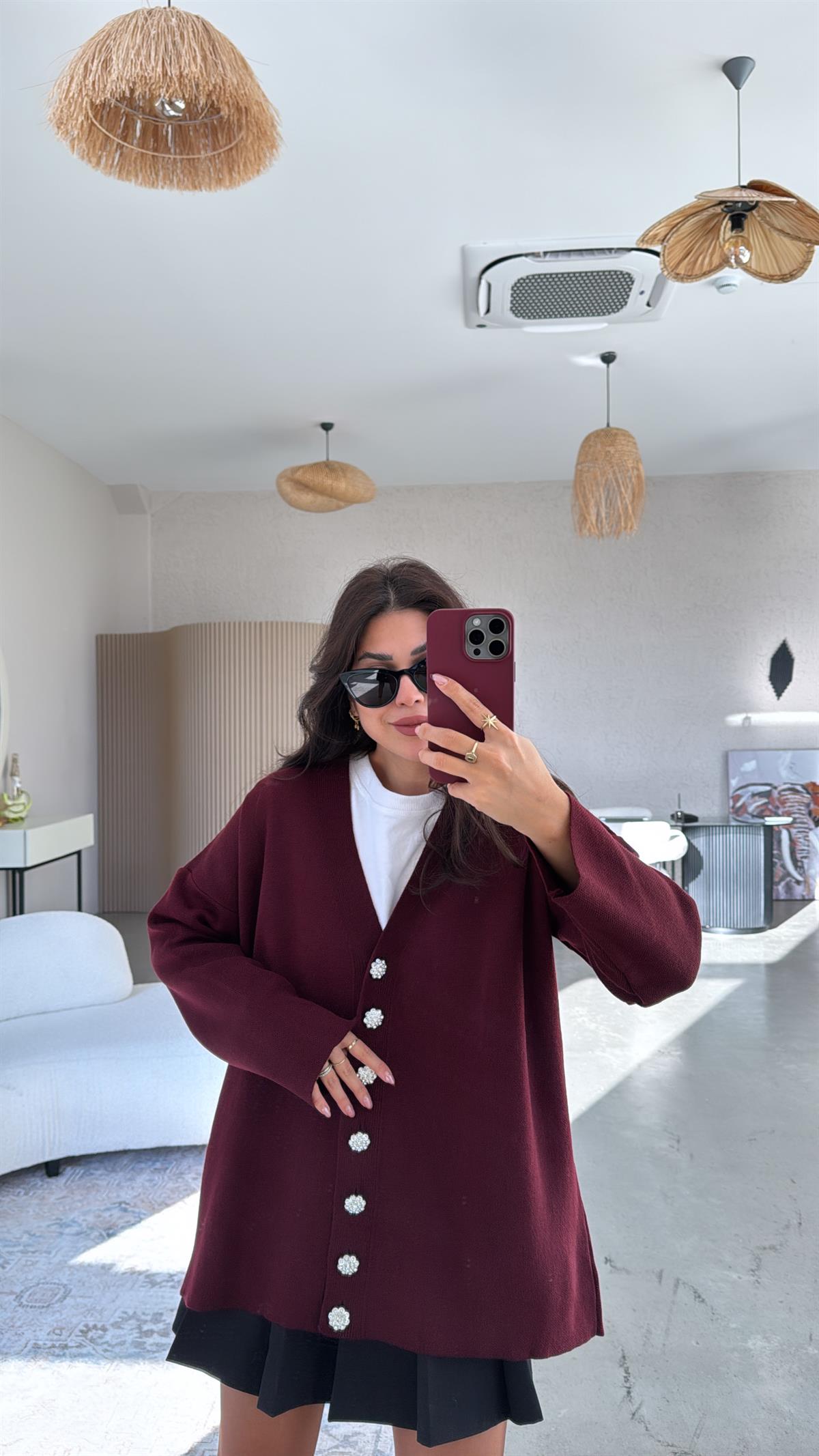 Bordo Taş Düğmeli Oversize Hırka