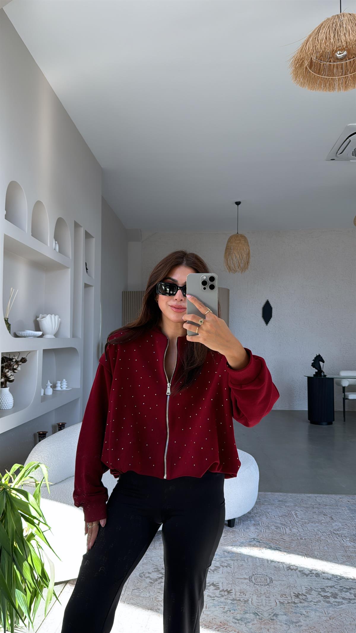 Bordo Taşlı Fermuarlı Ceket