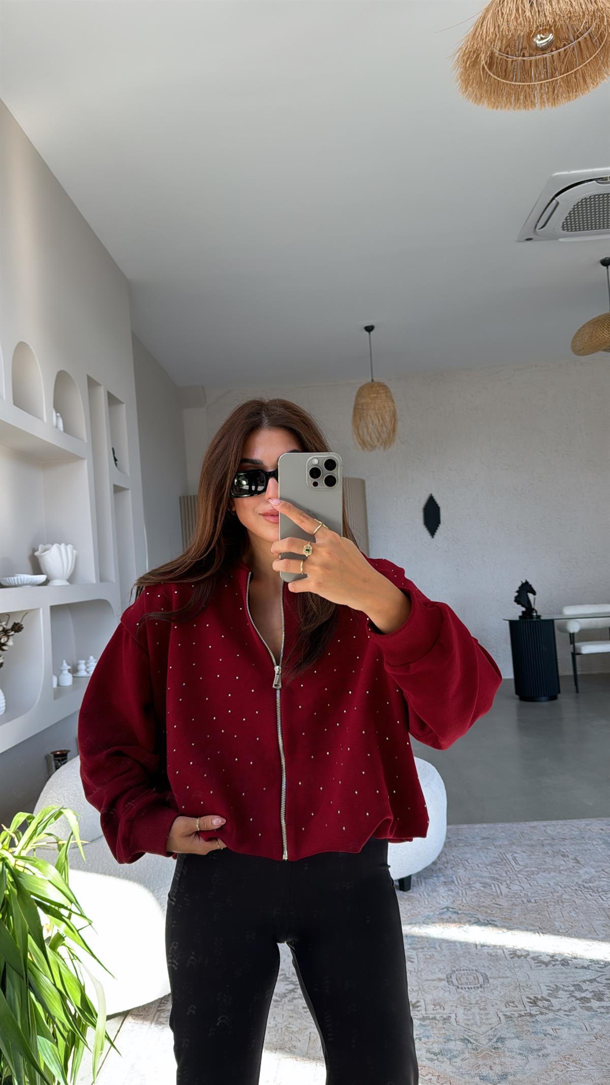 Bordo Taşlı Fermuarlı Ceket