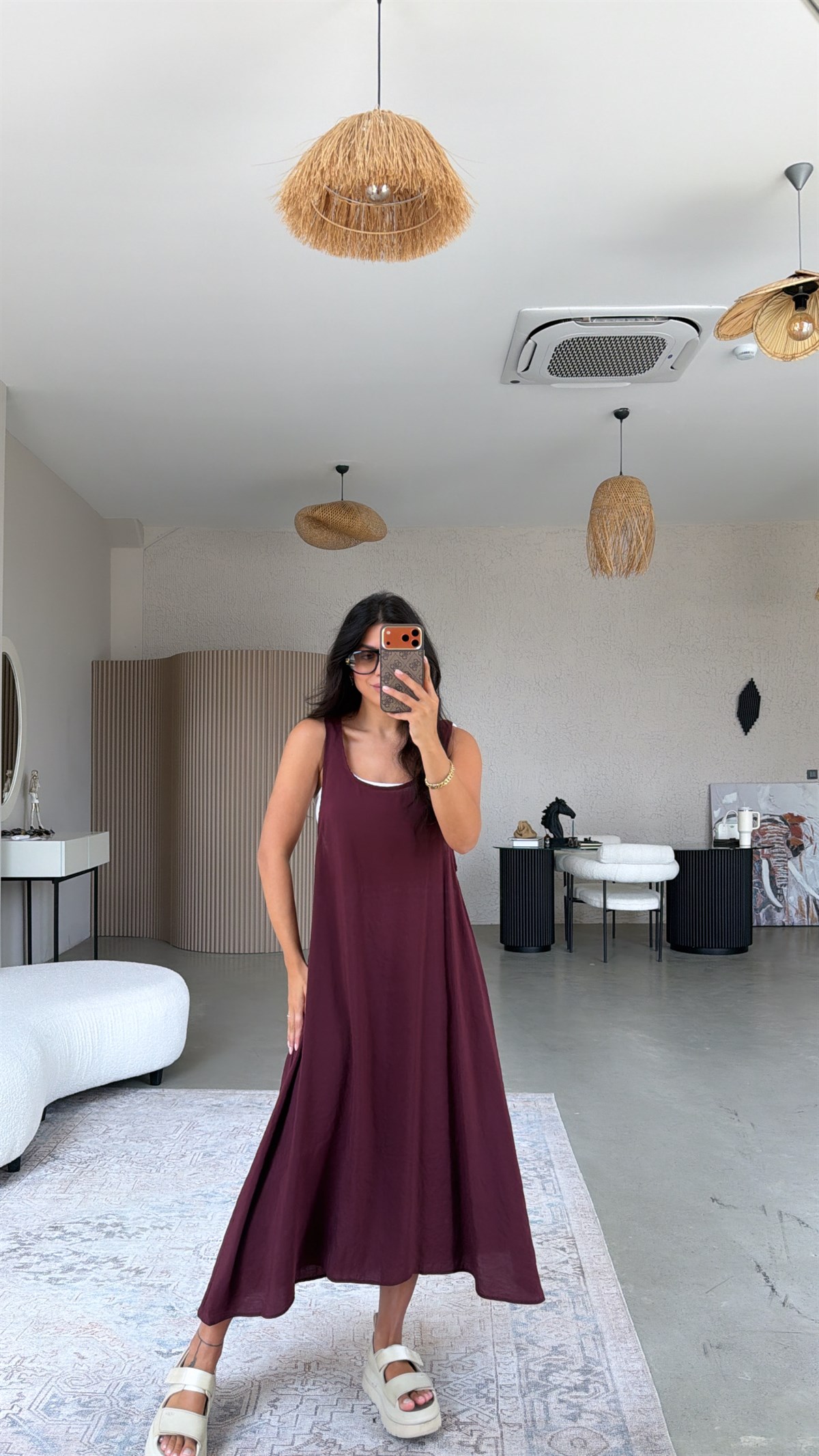 Bordo Tensel Kumaş Oval Yakalı Uzun Kiloş Elbise
