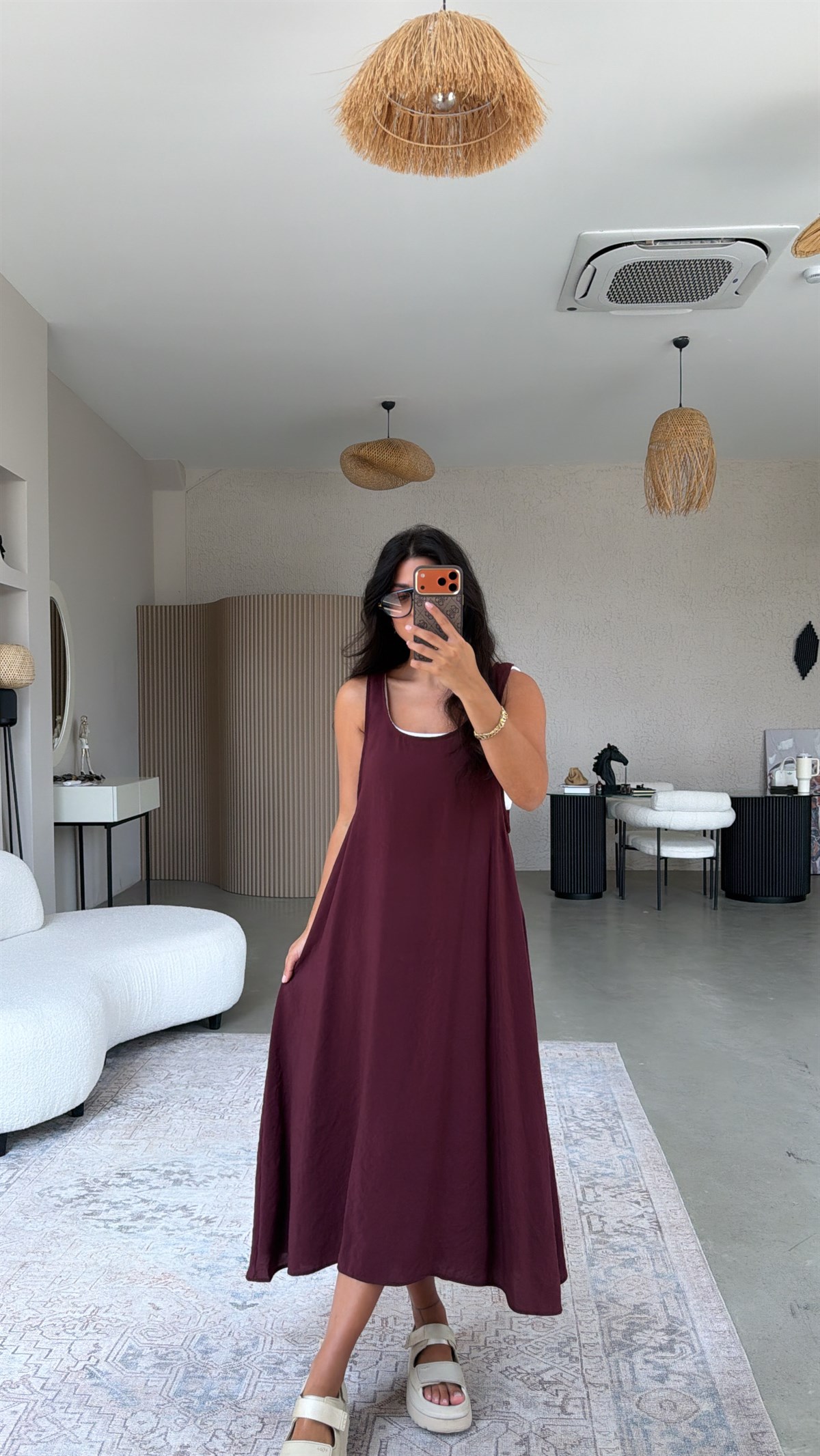 Bordo Tensel Kumaş Oval Yakalı Uzun Kiloş Elbise