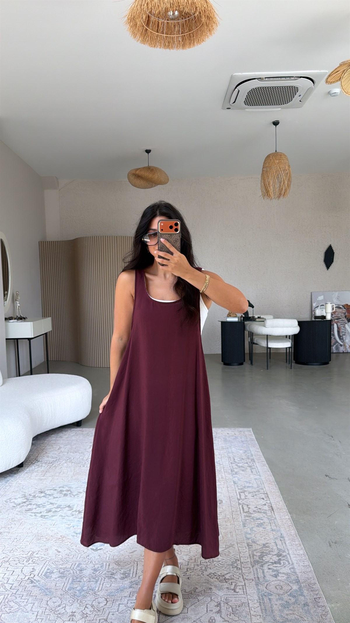 Bordo Tensel Kumaş Oval Yakalı Uzun Kiloş Elbise
