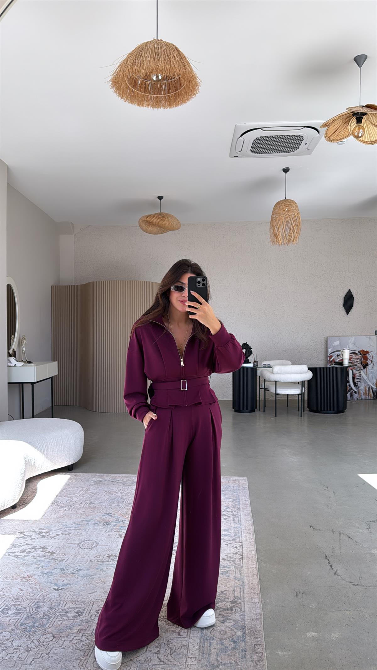 Bordo Tokalı Ceketli Pantolon Takım