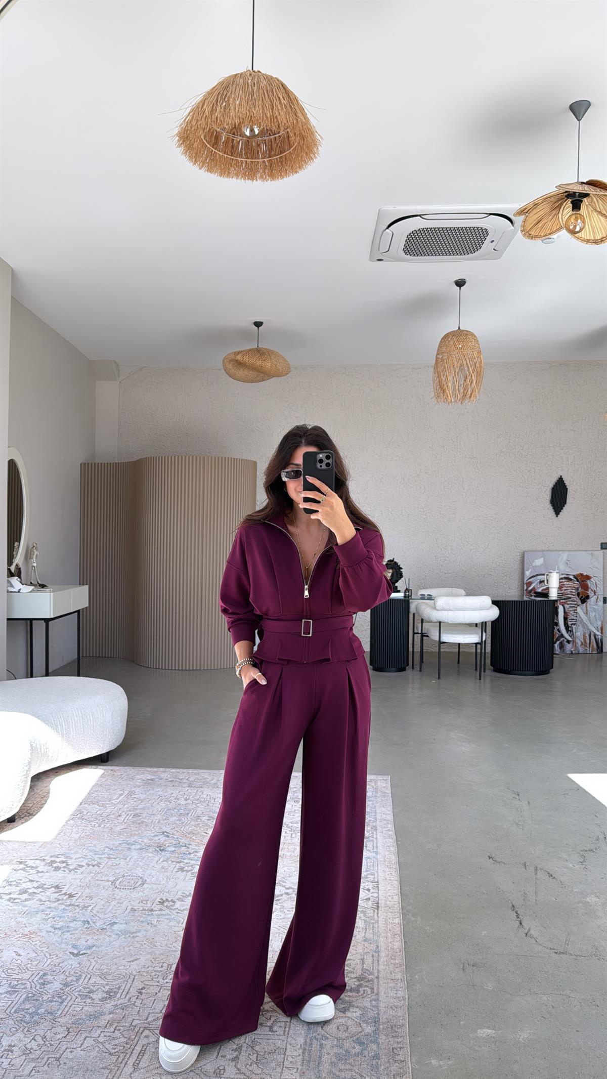 Bordo Tokalı Ceketli Pantolon Takım