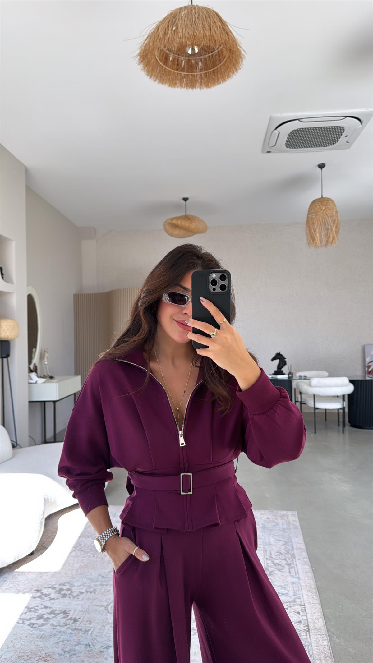 Bordo Tokalı Ceketli Pantolon Takım