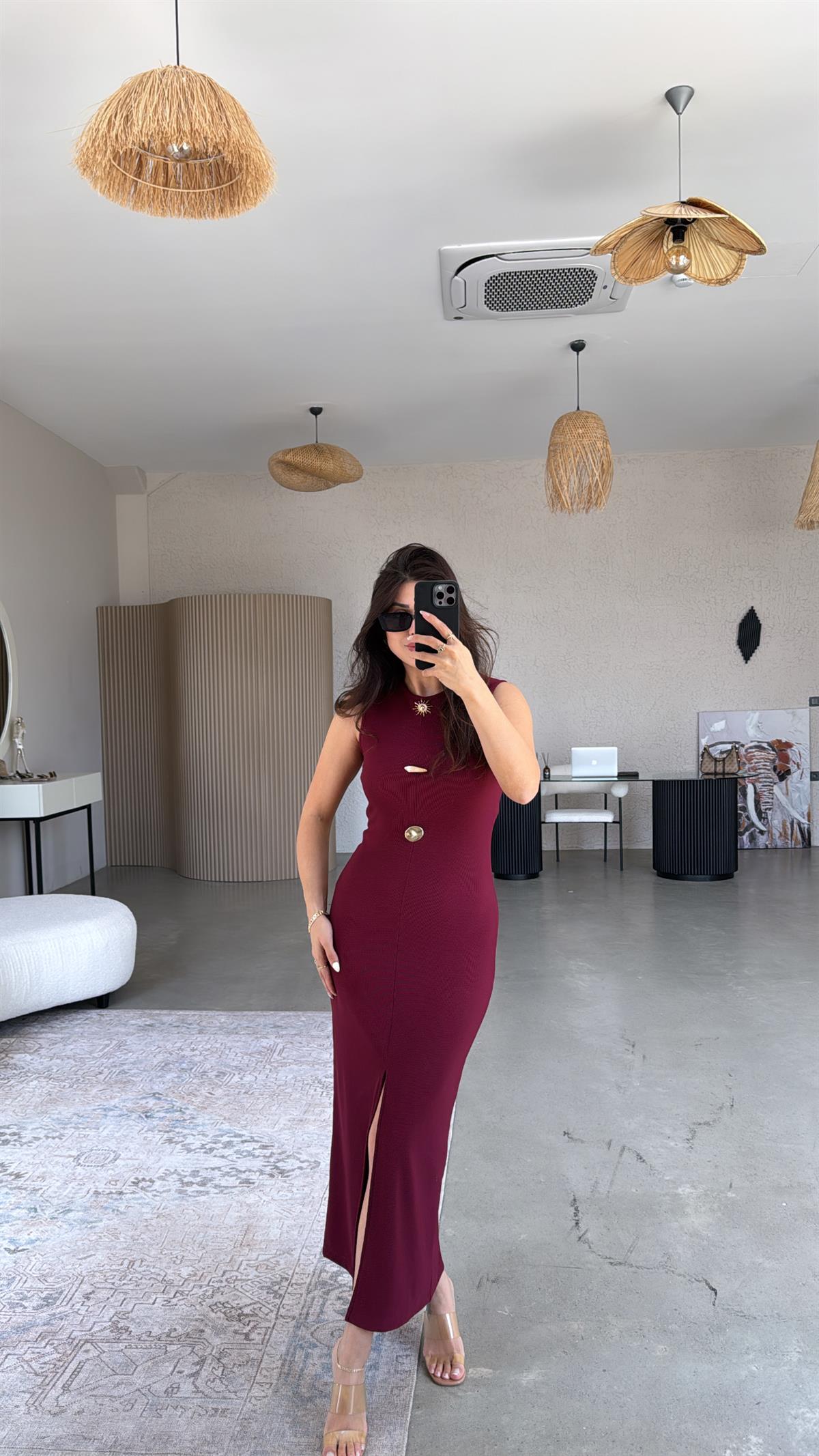 Bordo Üç Broş Detaylı Ottoman Elbise