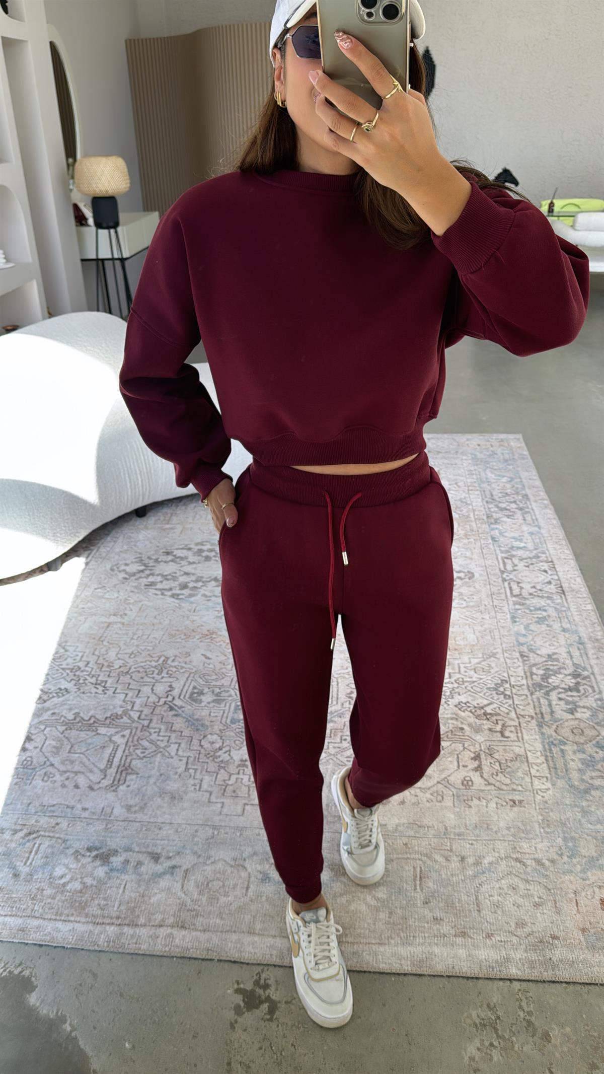 Bordo Üç İplik Şardonlu Eşofman Takımı