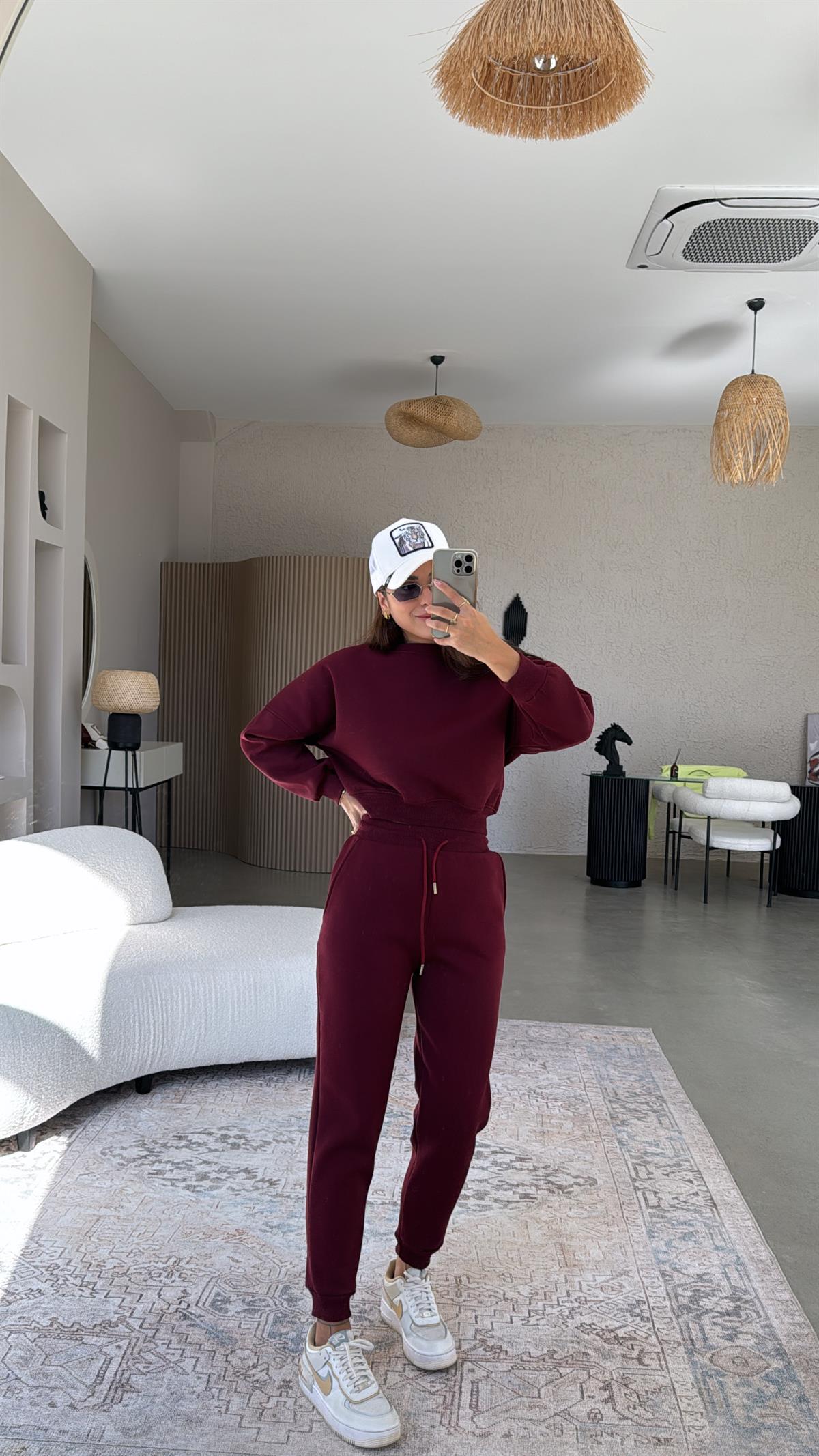 Bordo Üç İplik Şardonlu Eşofman Takımı