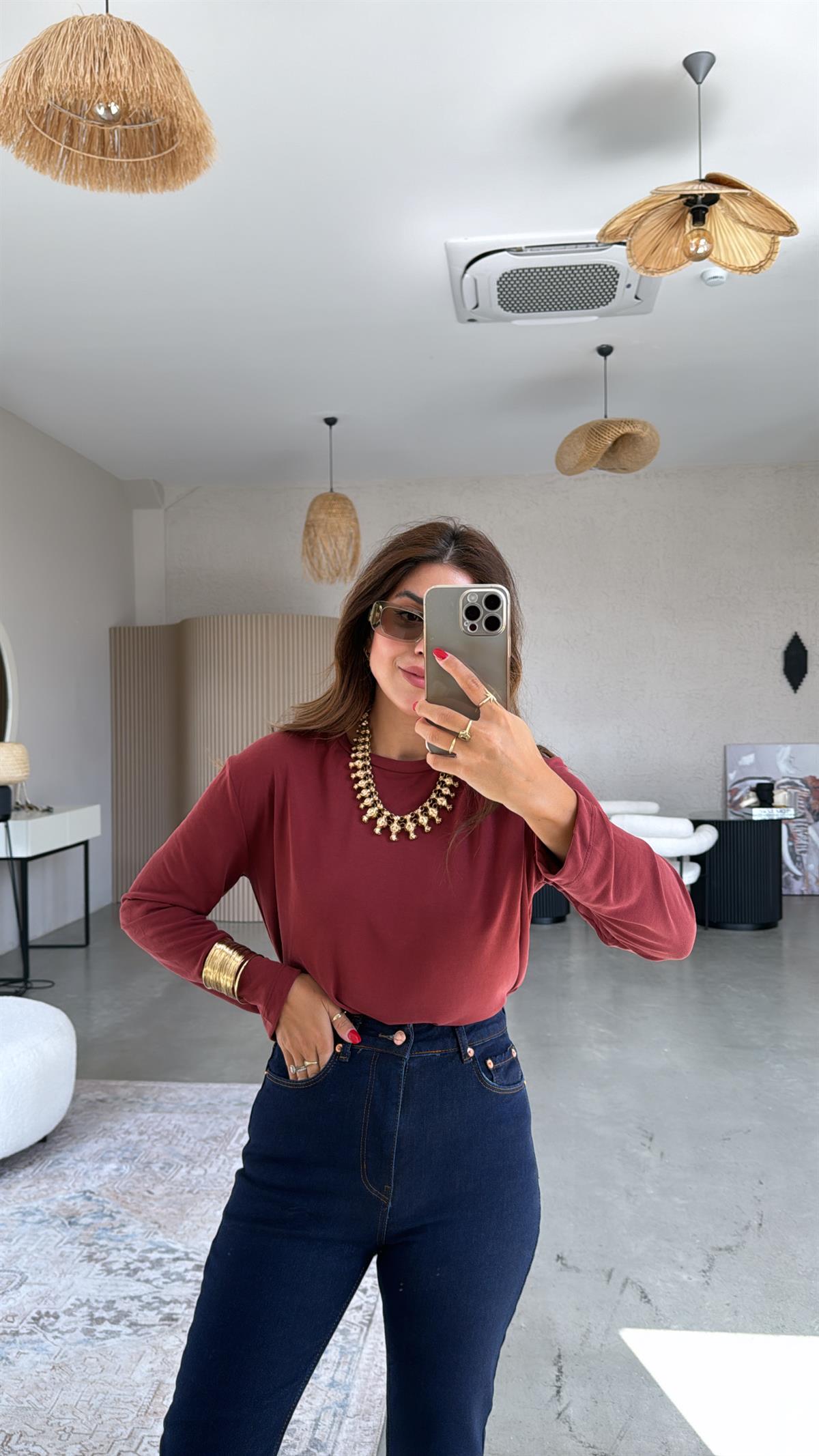 Bordo Uzun Kol Oys Basic Bluz