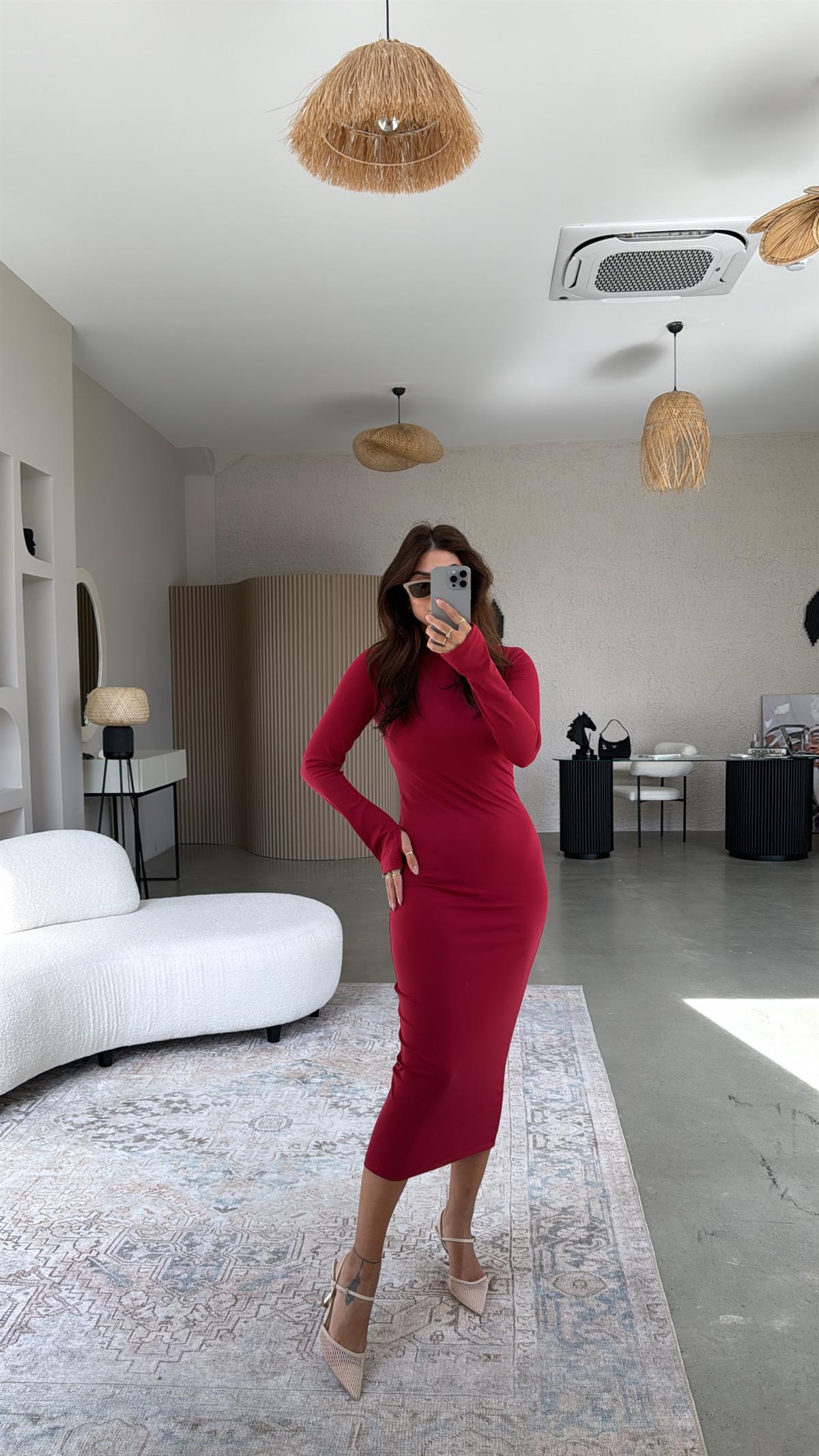 Bordo Uzun Kollu Parmak Geçme Elbise