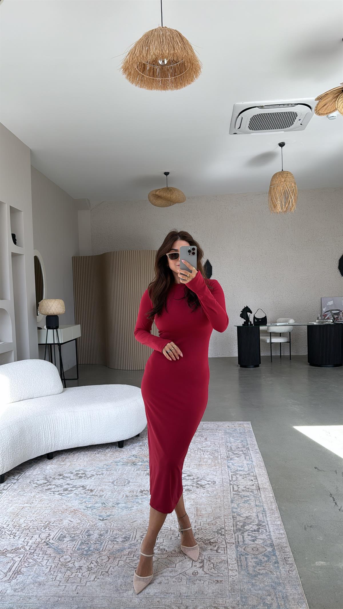 Bordo Uzun Kollu Parmak Geçme Elbise