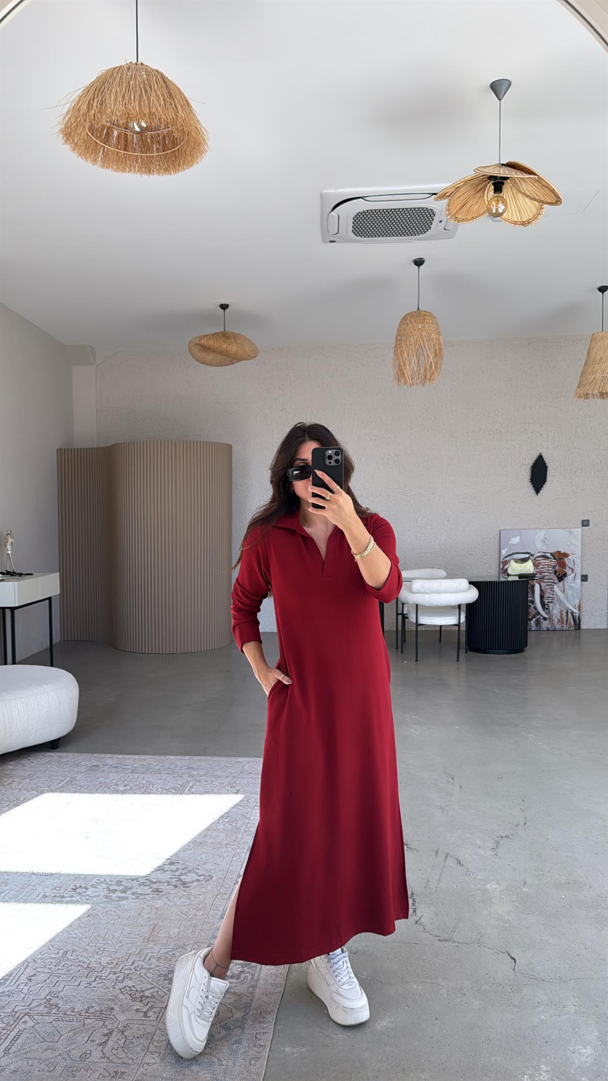 Bordo Uzun Kollu Yakalı Modal Elbise