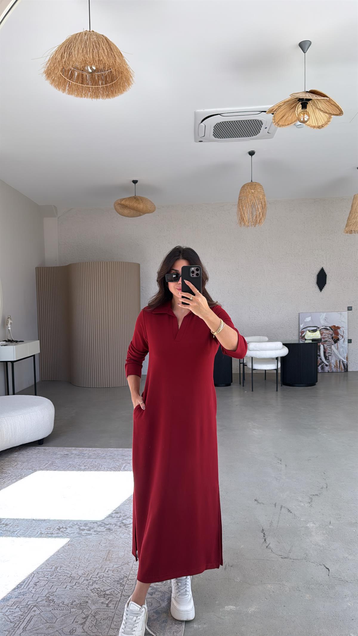 Bordo Uzun Kollu Yakalı Modal Elbise
