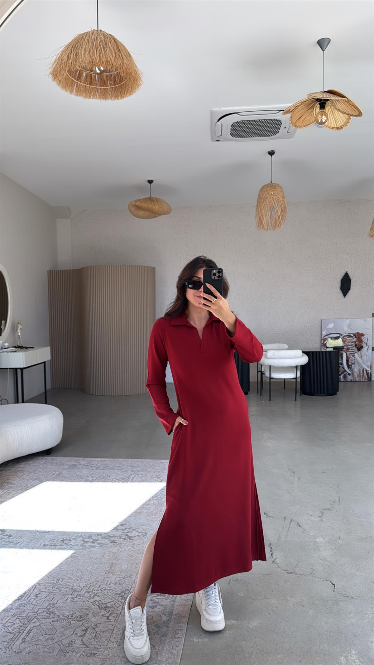 Bordo Uzun Kollu Yakalı Modal Elbise