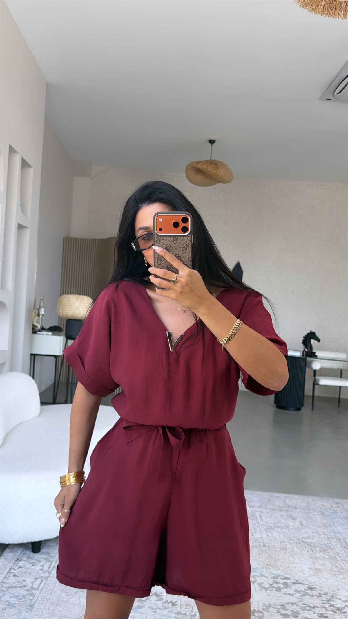 Bordo V Aksesuarlı Tensel Kumaş Tulum