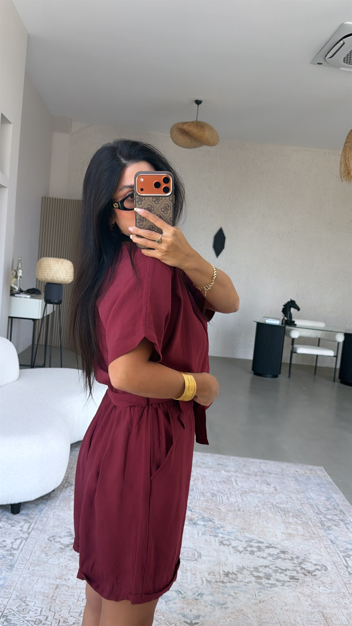 Bordo V Aksesuarlı Tensel Kumaş Tulum