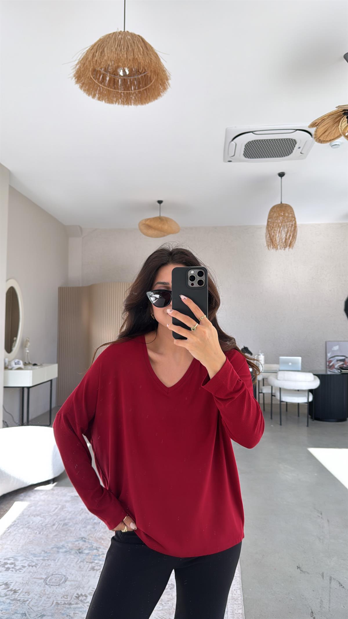 Bordo V Yaka Basic İnce Triko Bluz