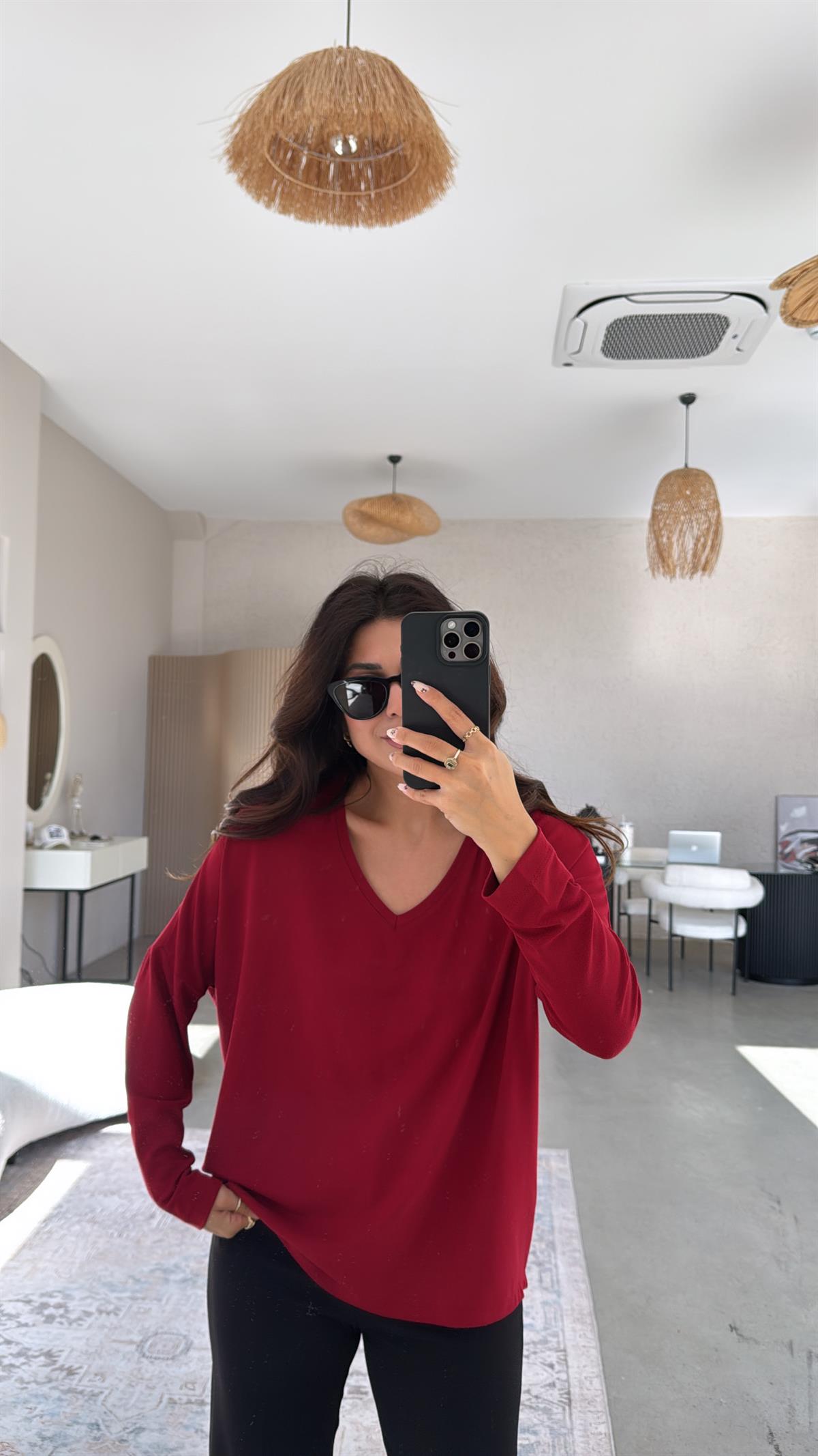 Bordo V Yaka Basic İnce Triko Bluz