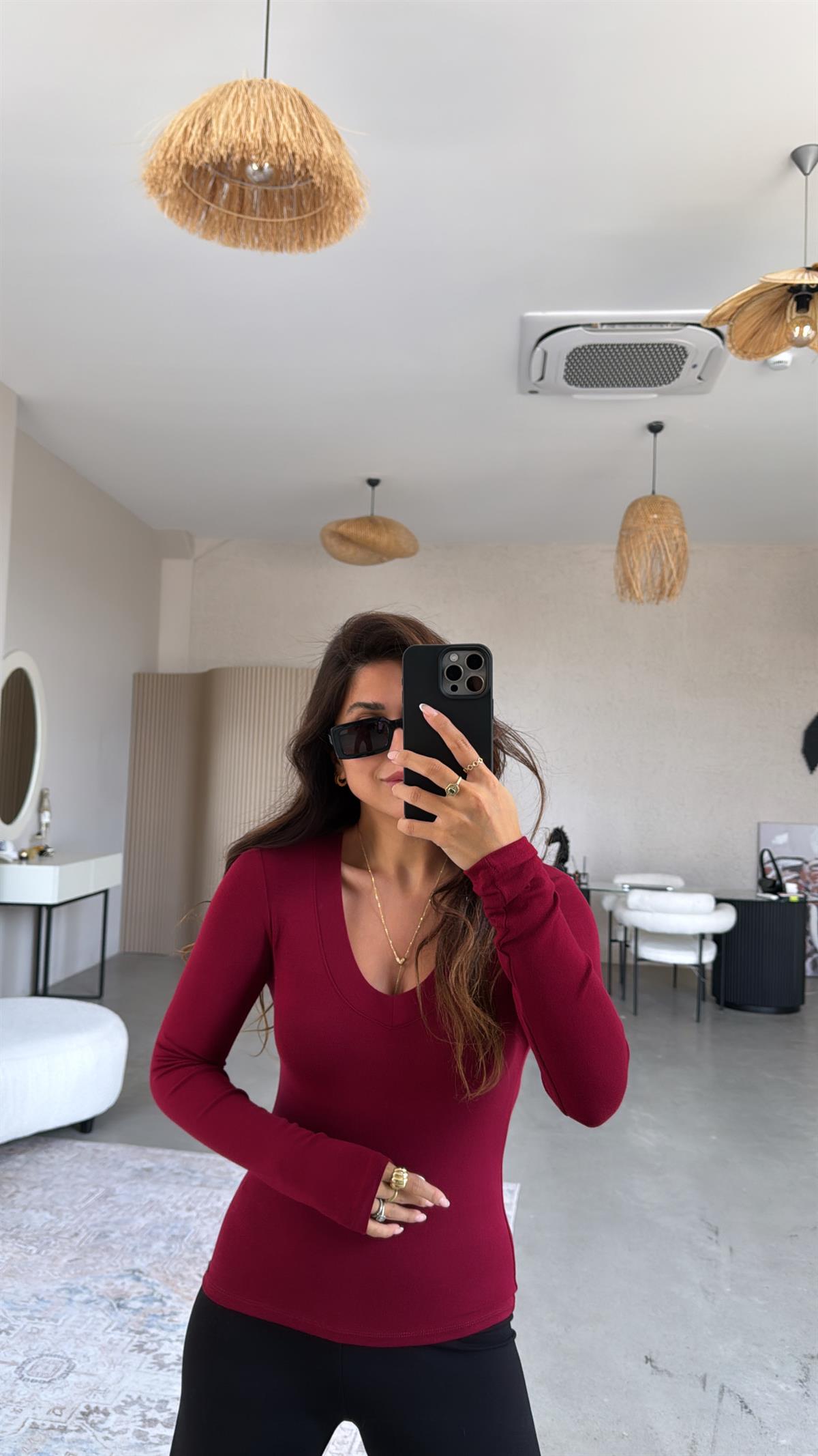 Bordo V Yaka İthal Kumaş Body