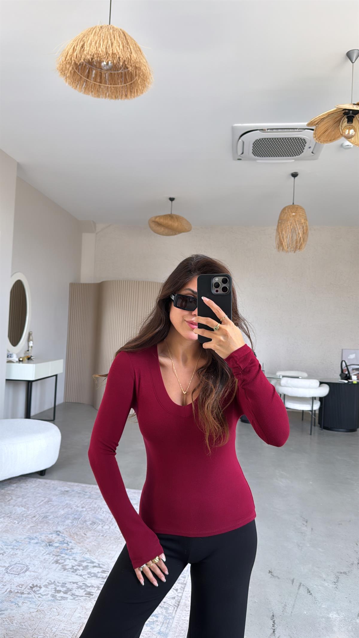 Bordo V Yaka İthal Kumaş Body