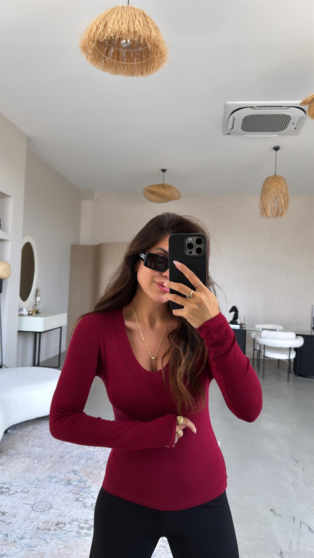 Bordo V Yaka İthal Kumaş Body