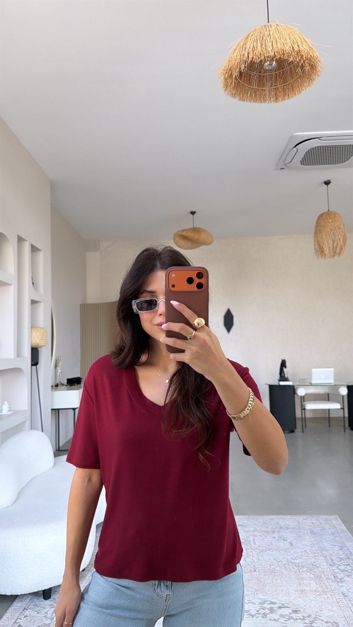 Bordo V Yaka Kısa Kollu İthal Kumaş Tshirt