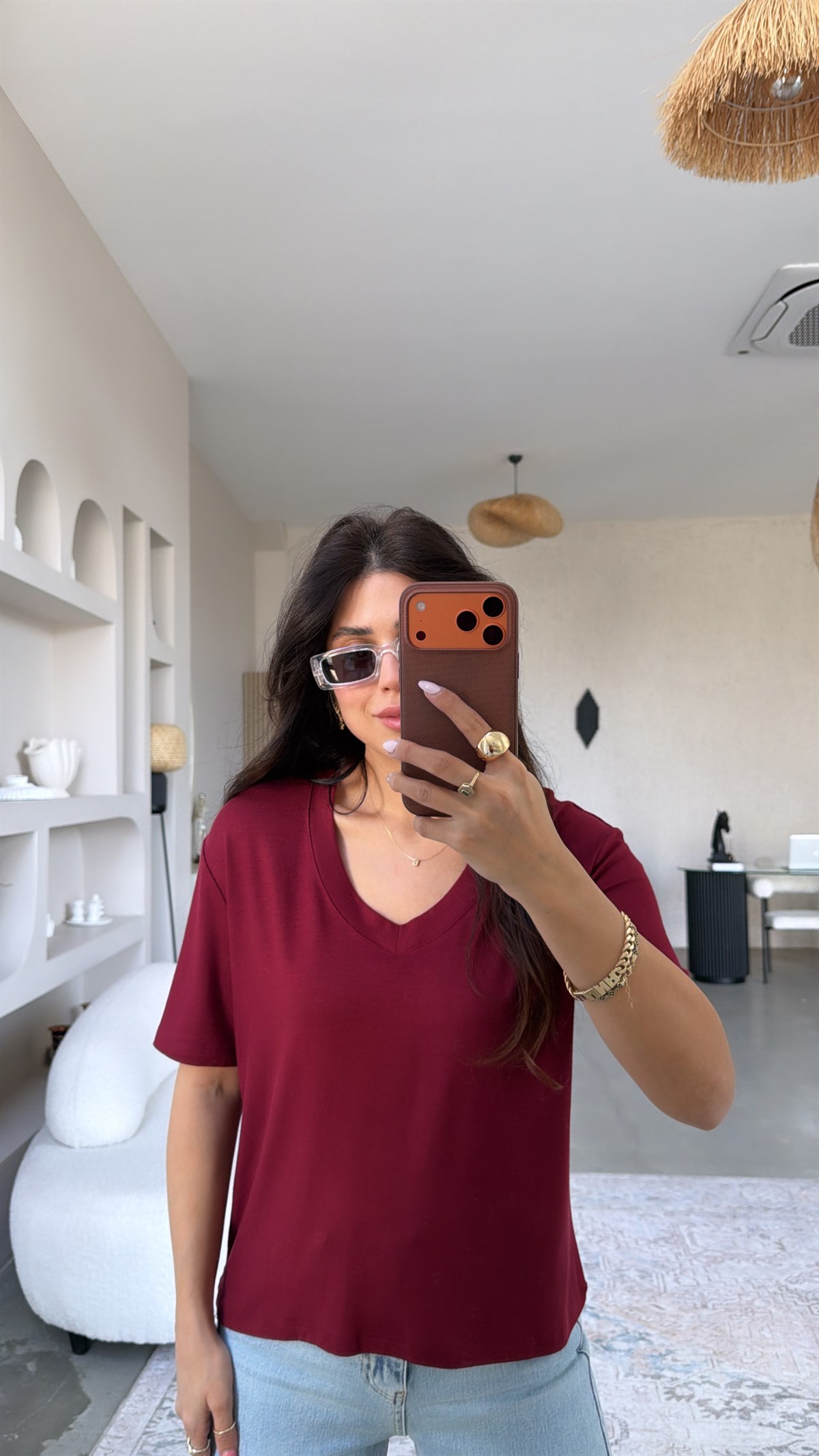 Bordo V Yaka Kısa Kollu İthal Kumaş Tshirt