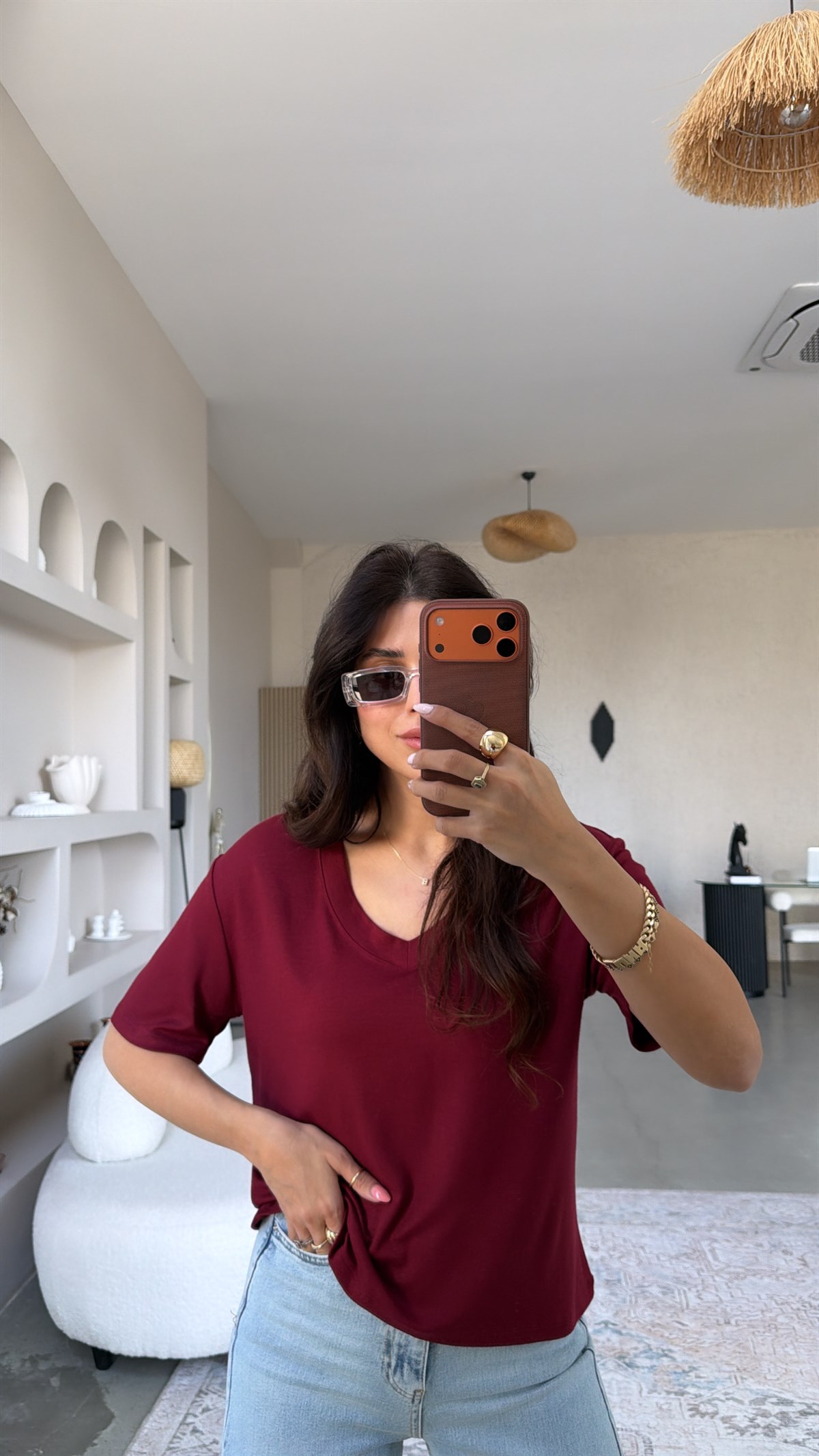 Bordo V Yaka Kısa Kollu İthal Kumaş Tshirt