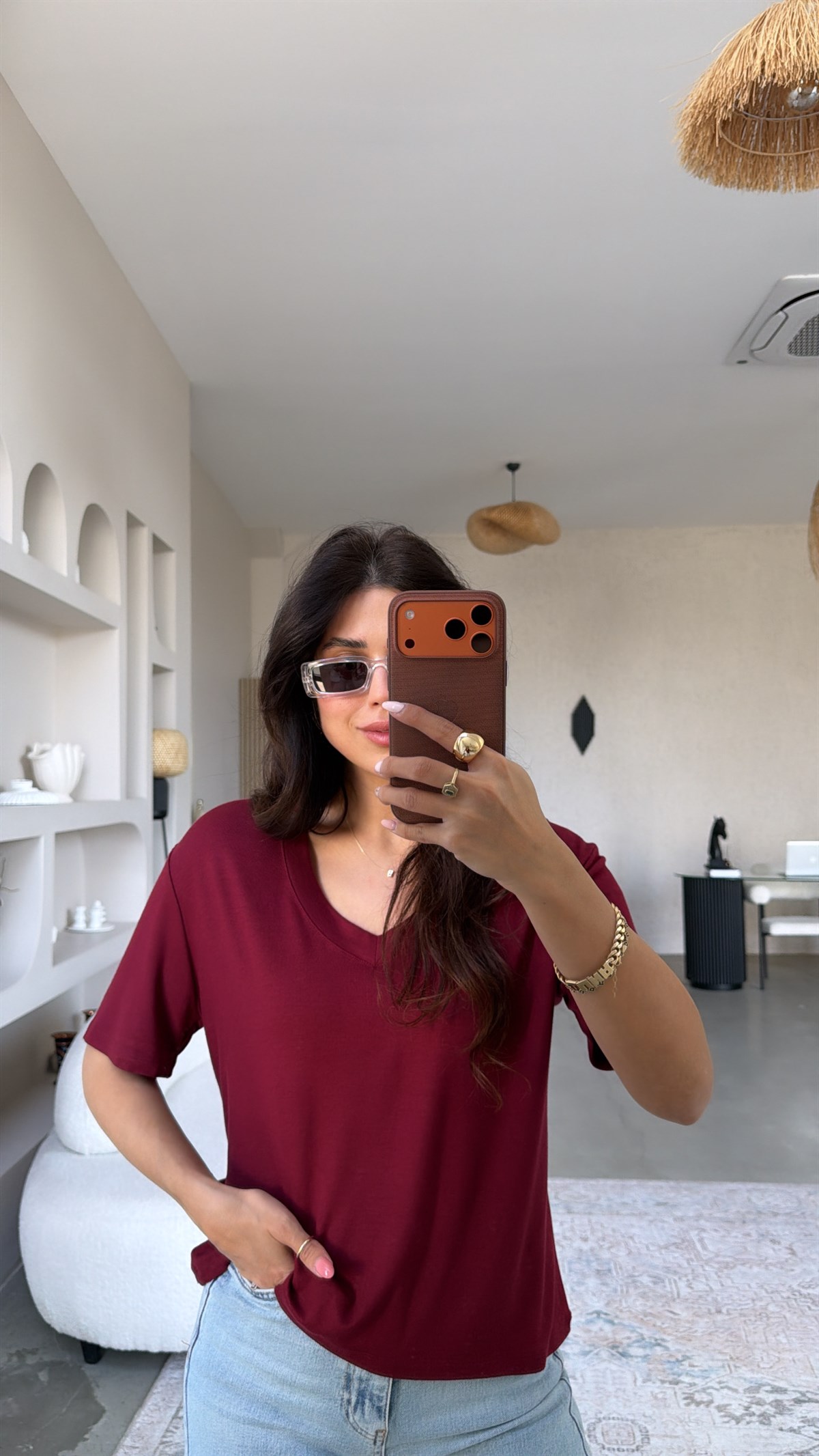 Bordo V Yaka Kısa Kollu İthal Kumaş Tshirt