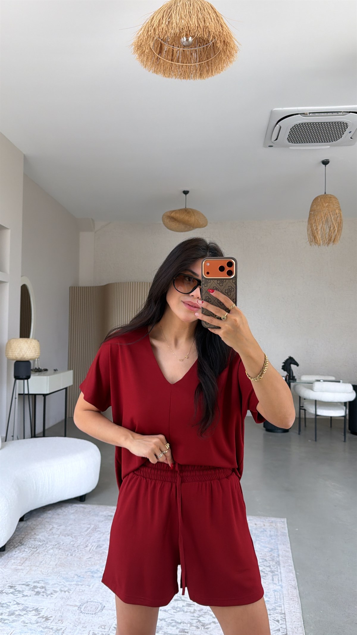 Bordo V Yaka Modal Şort Bluz Takım