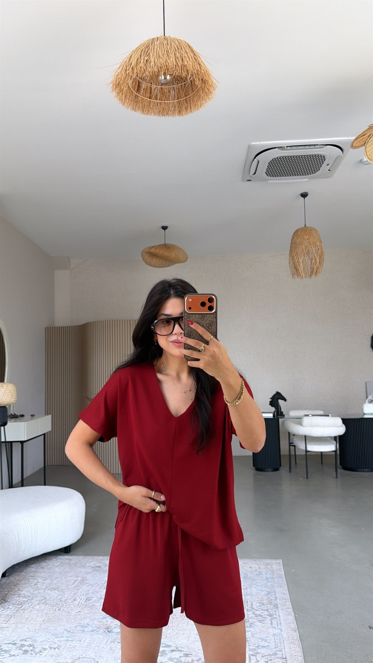 Bordo V Yaka Modal Şort Bluz Takım