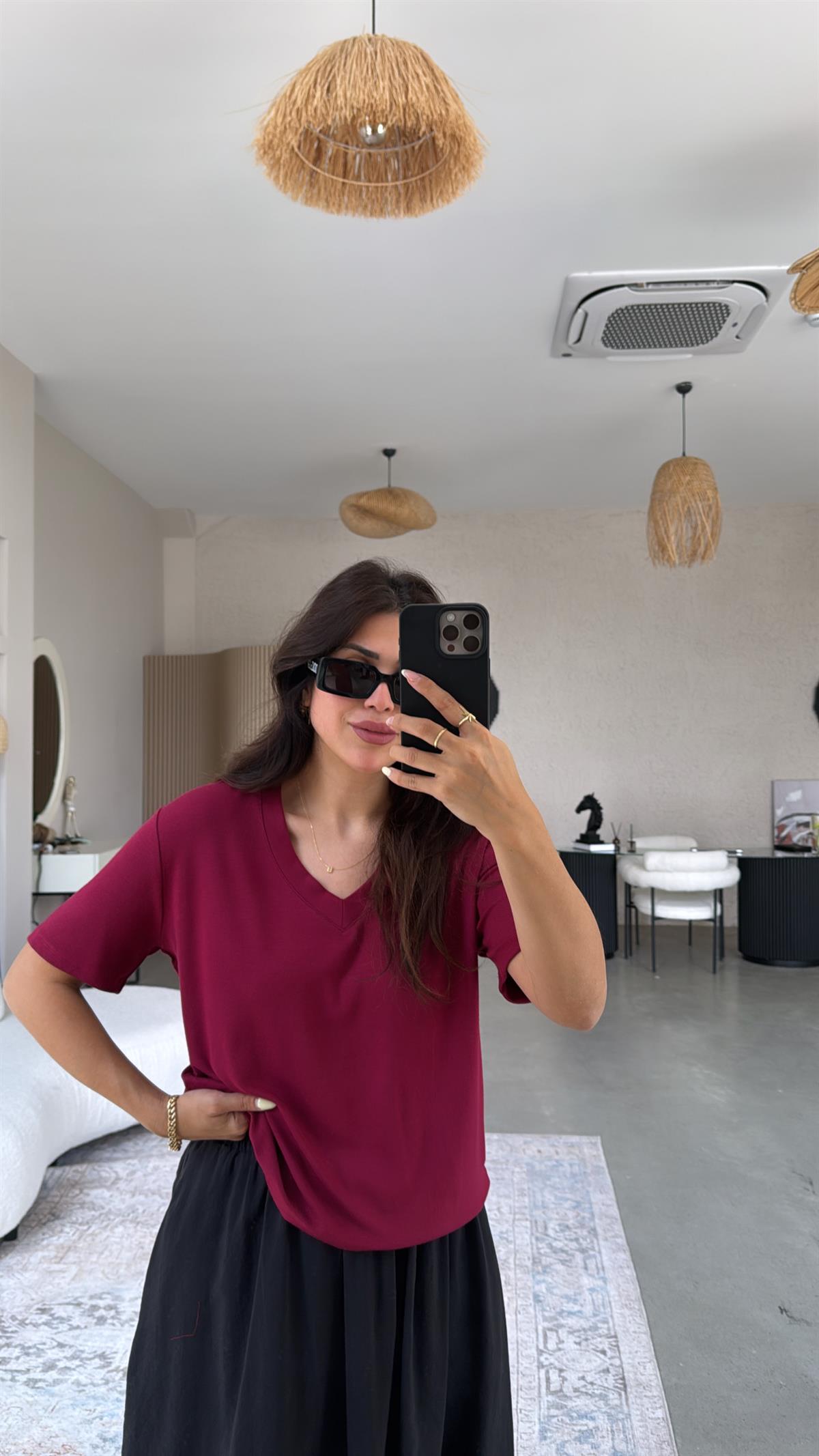 Bordo V Yaka Salaş Bluz