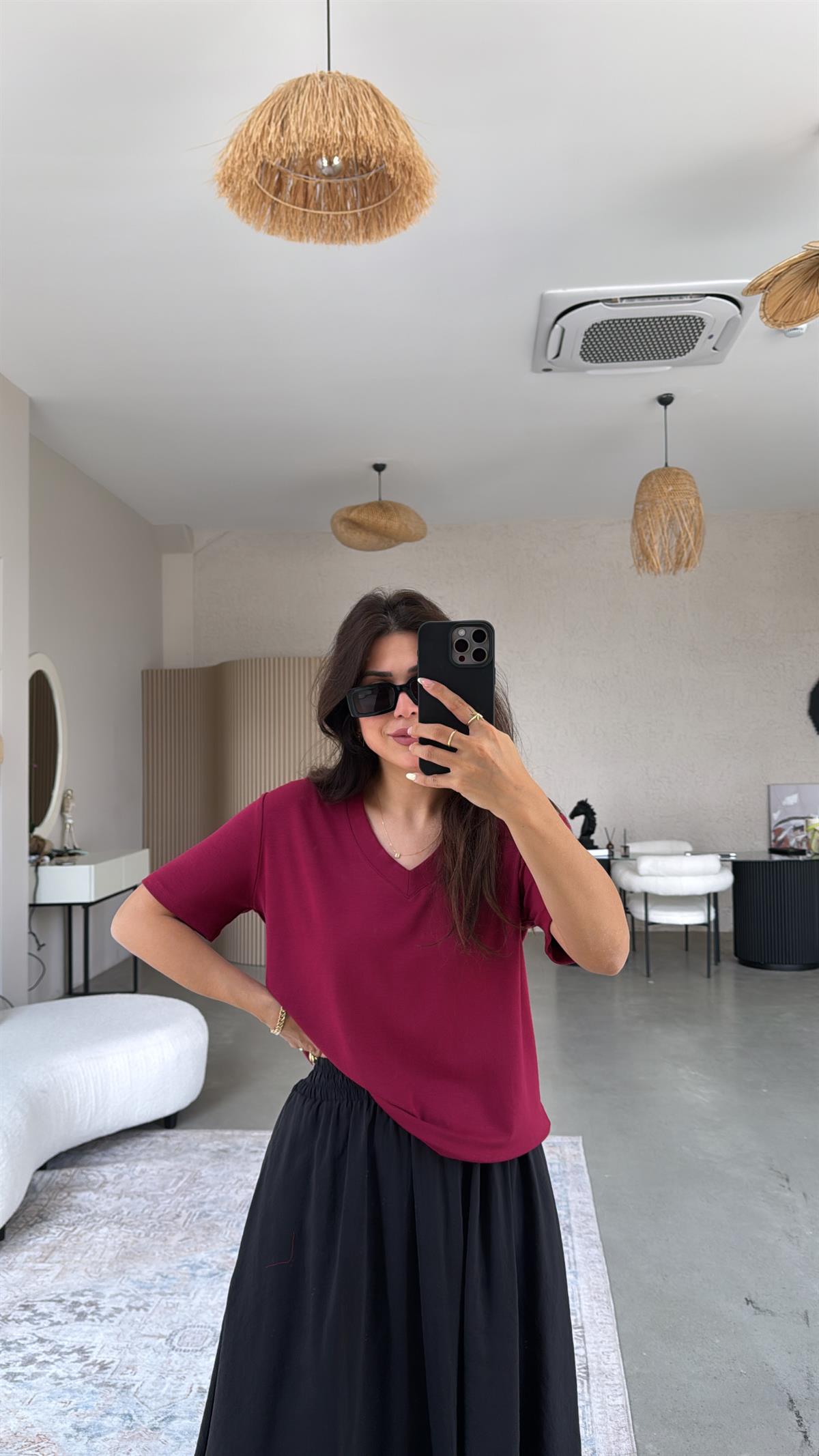 Bordo V Yaka Salaş Bluz