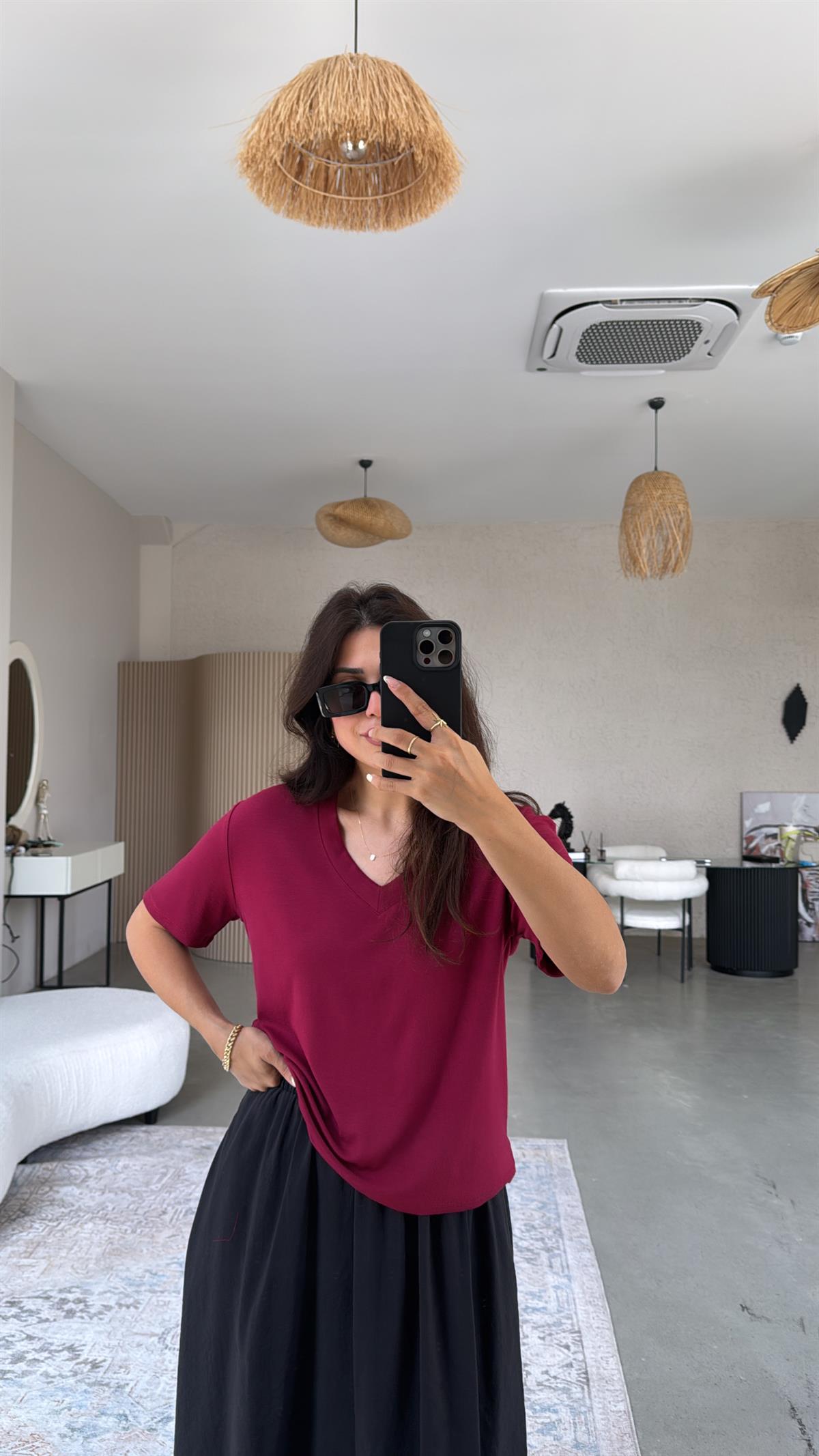 Bordo V Yaka Salaş Bluz