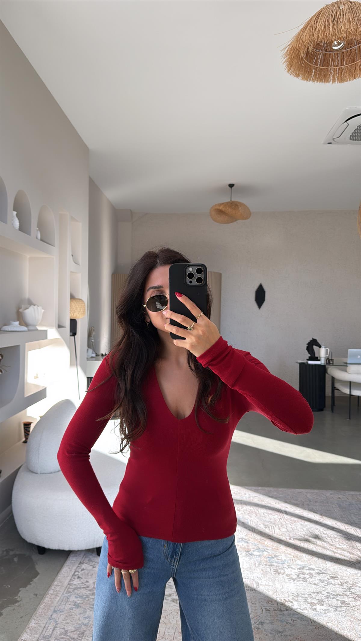 Bordo V Yaka Yarım Astarlı İthal Kumaş Bluz