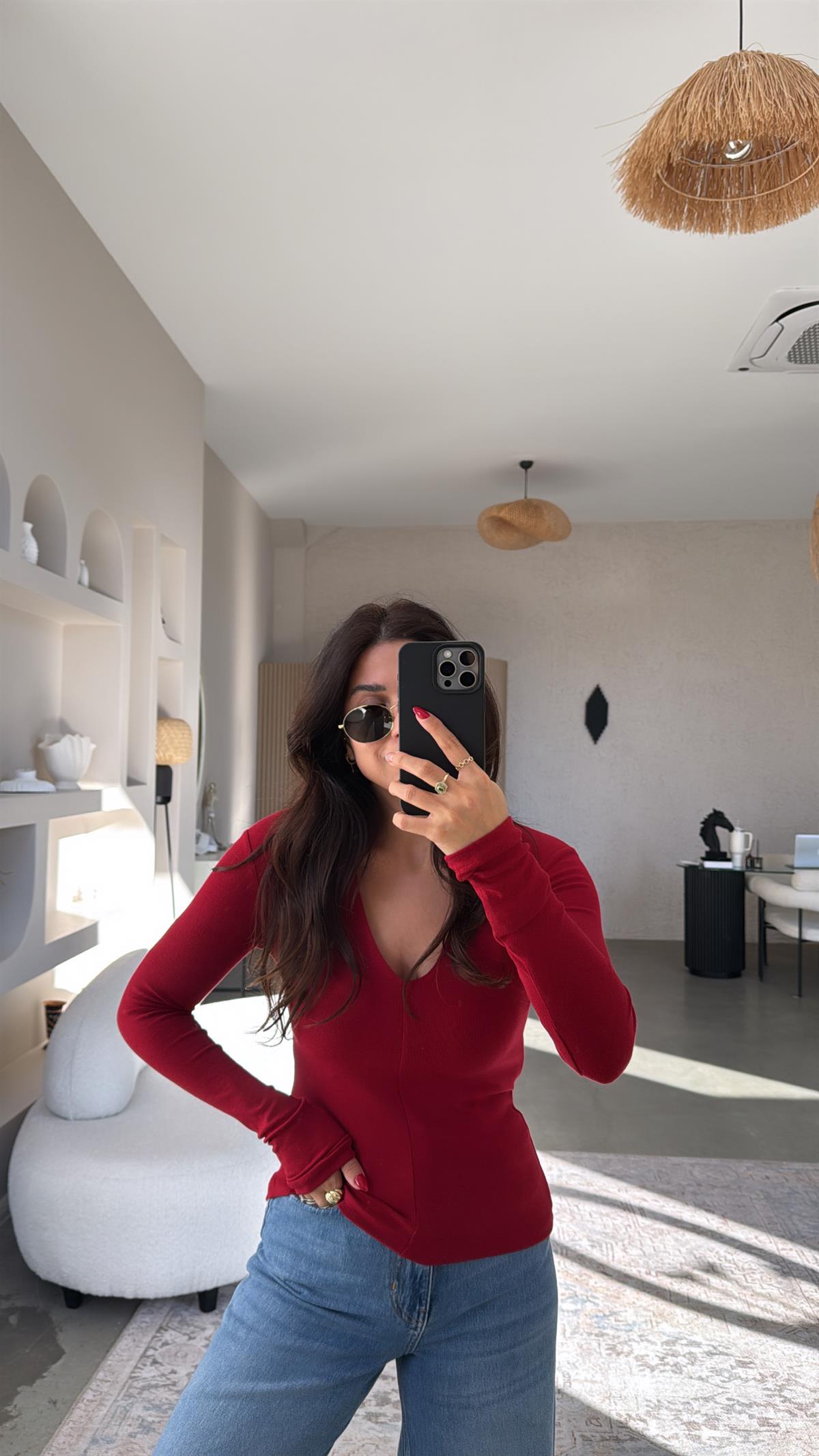 Bordo V Yaka Yarım Astarlı İthal Kumaş Bluz