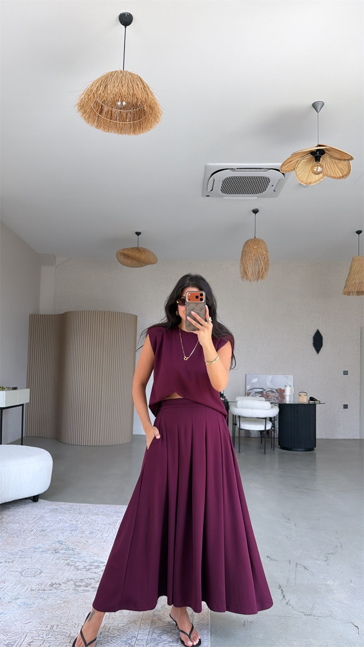 Bordo Vatkalı Etek Bluz Takım