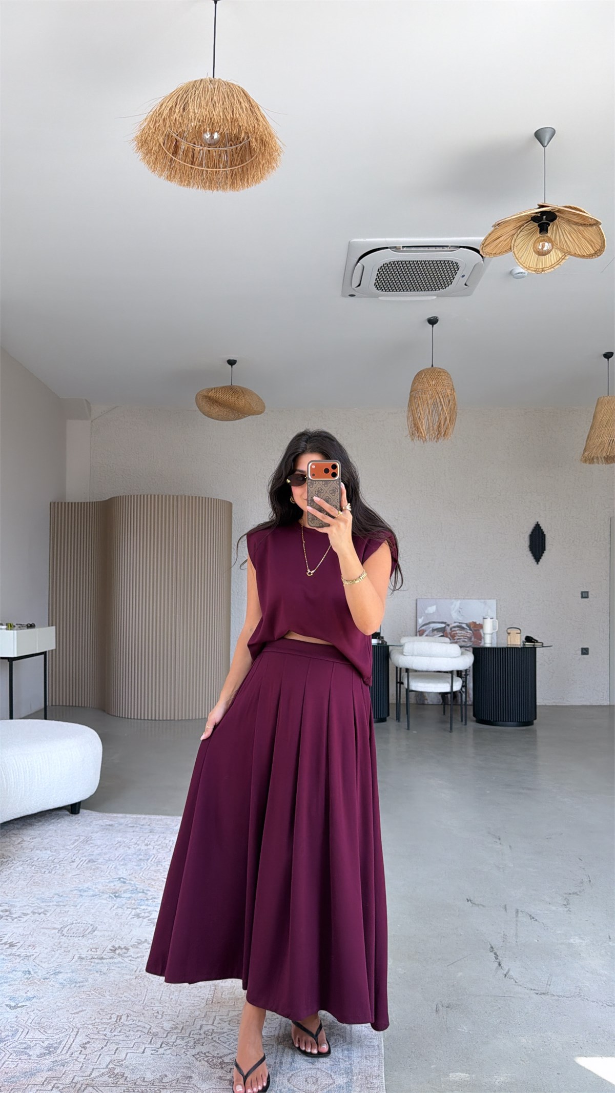 Bordo Vatkalı Etek Bluz Takım