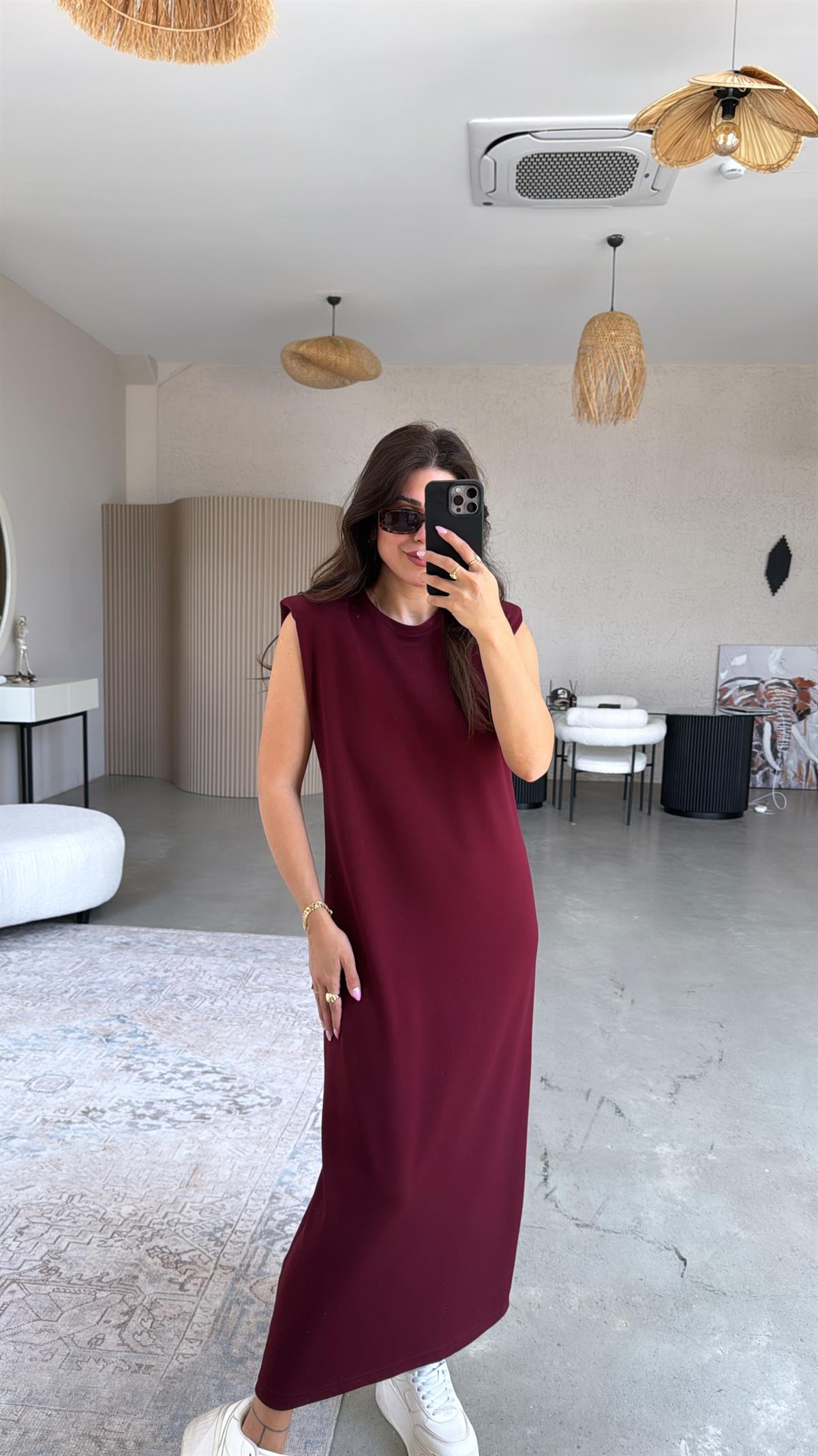 Bordo Vatkalı Modal Elbise