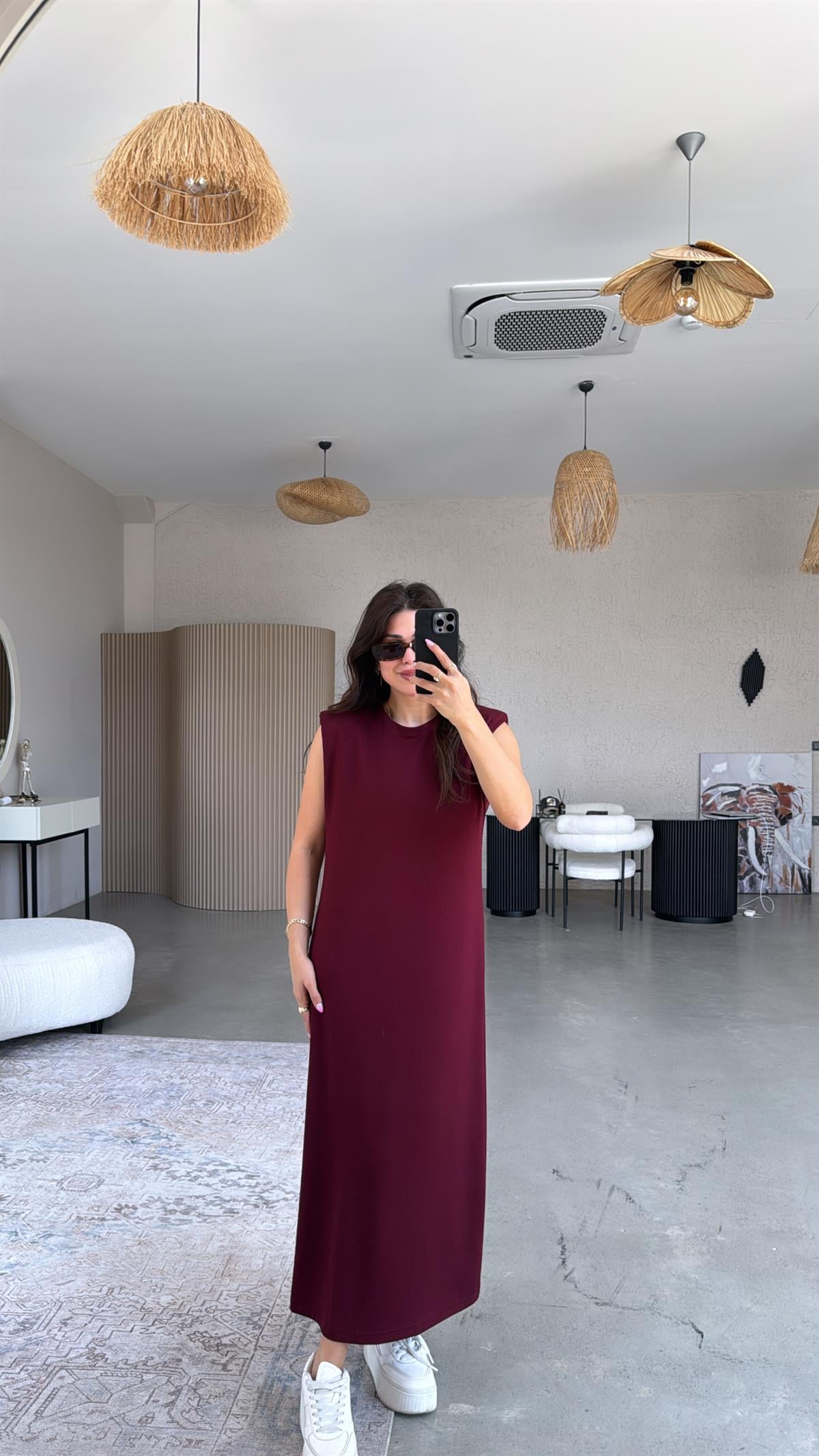 Bordo Vatkalı Modal Elbise