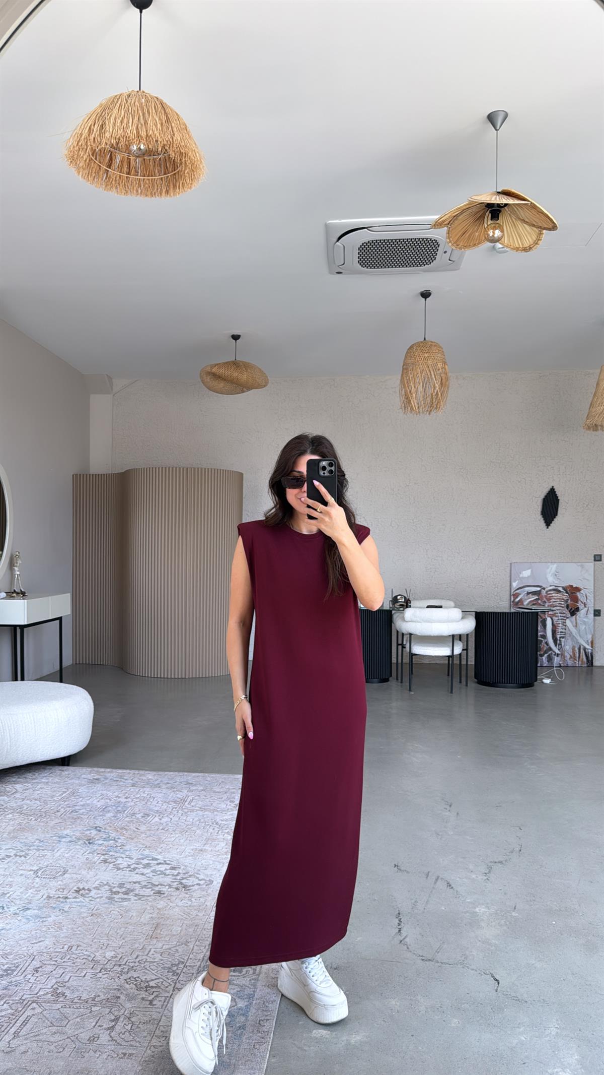Bordo Vatkalı Modal Elbise