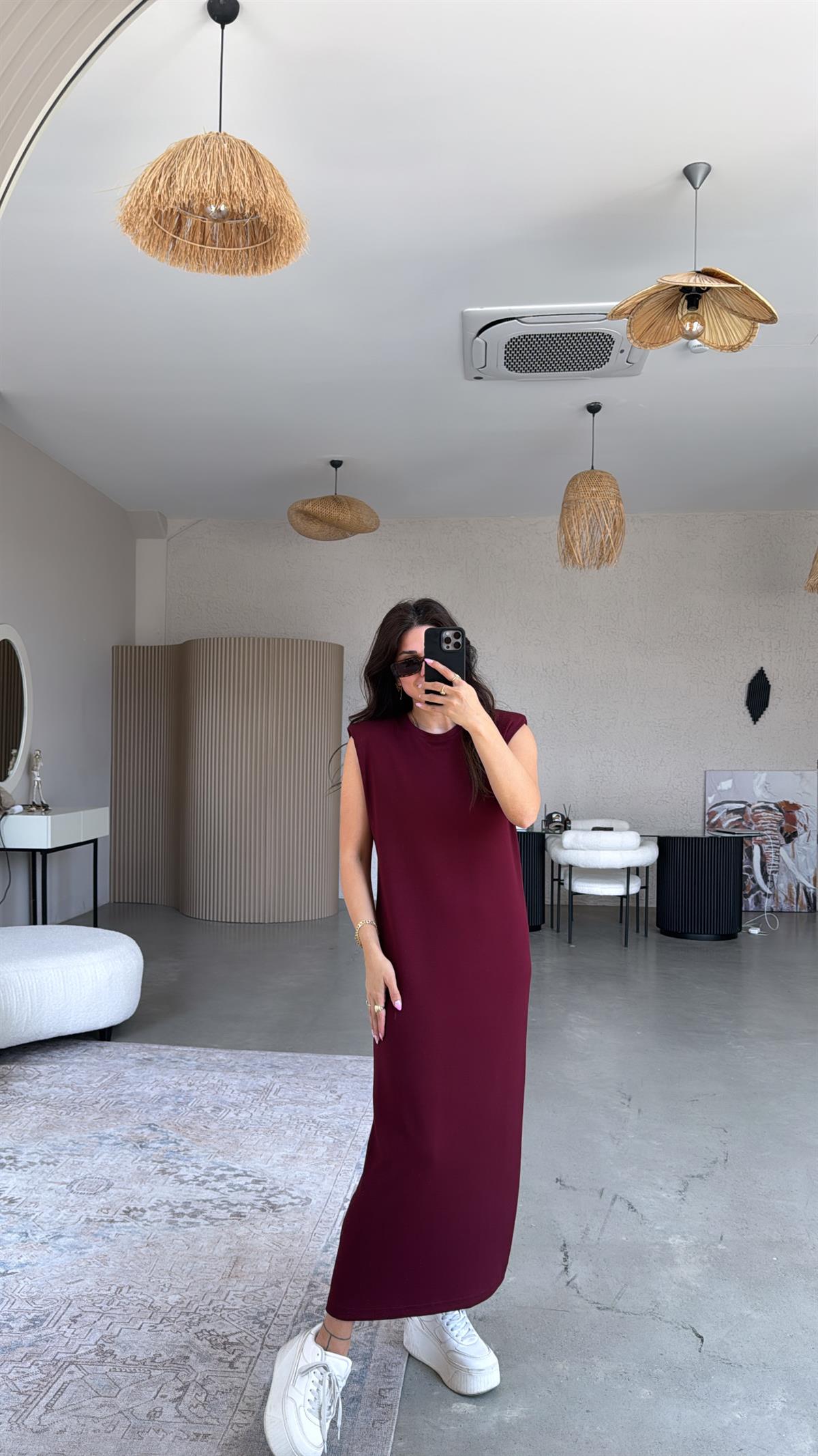 Bordo Vatkalı Modal Elbise