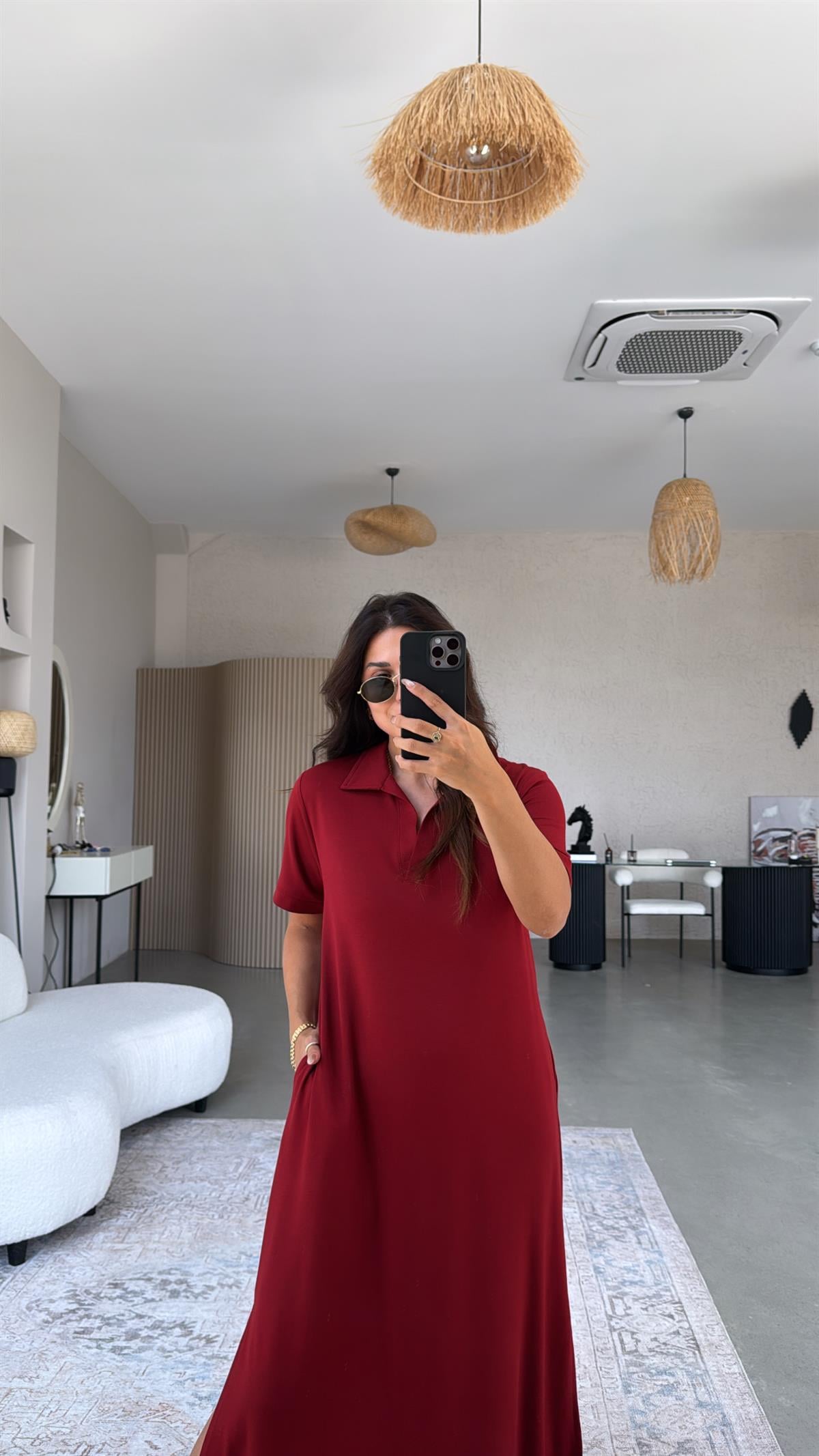 Bordo Yakalı Uzun Modal Elbise