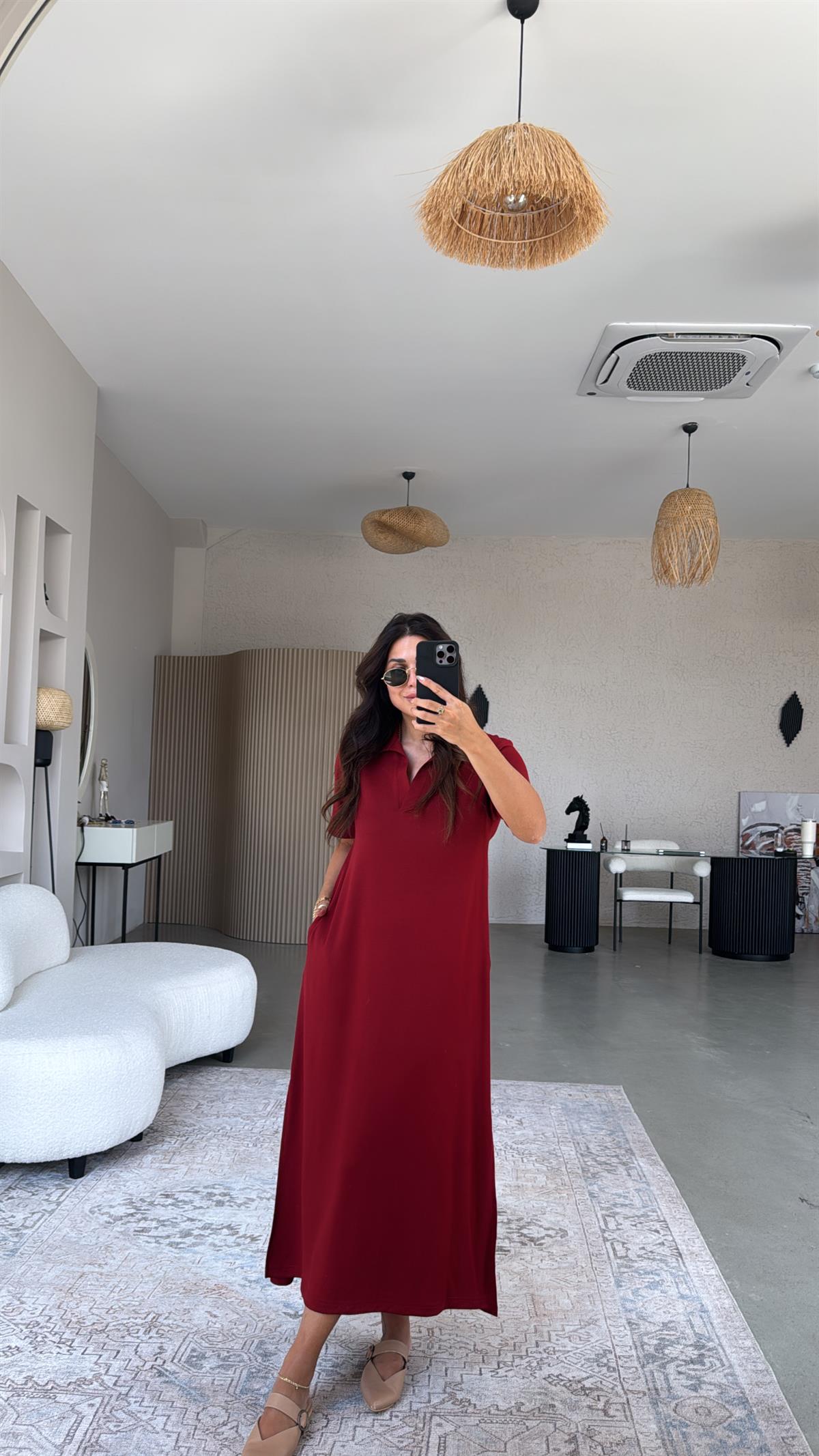 Bordo Yakalı Uzun Modal Elbise