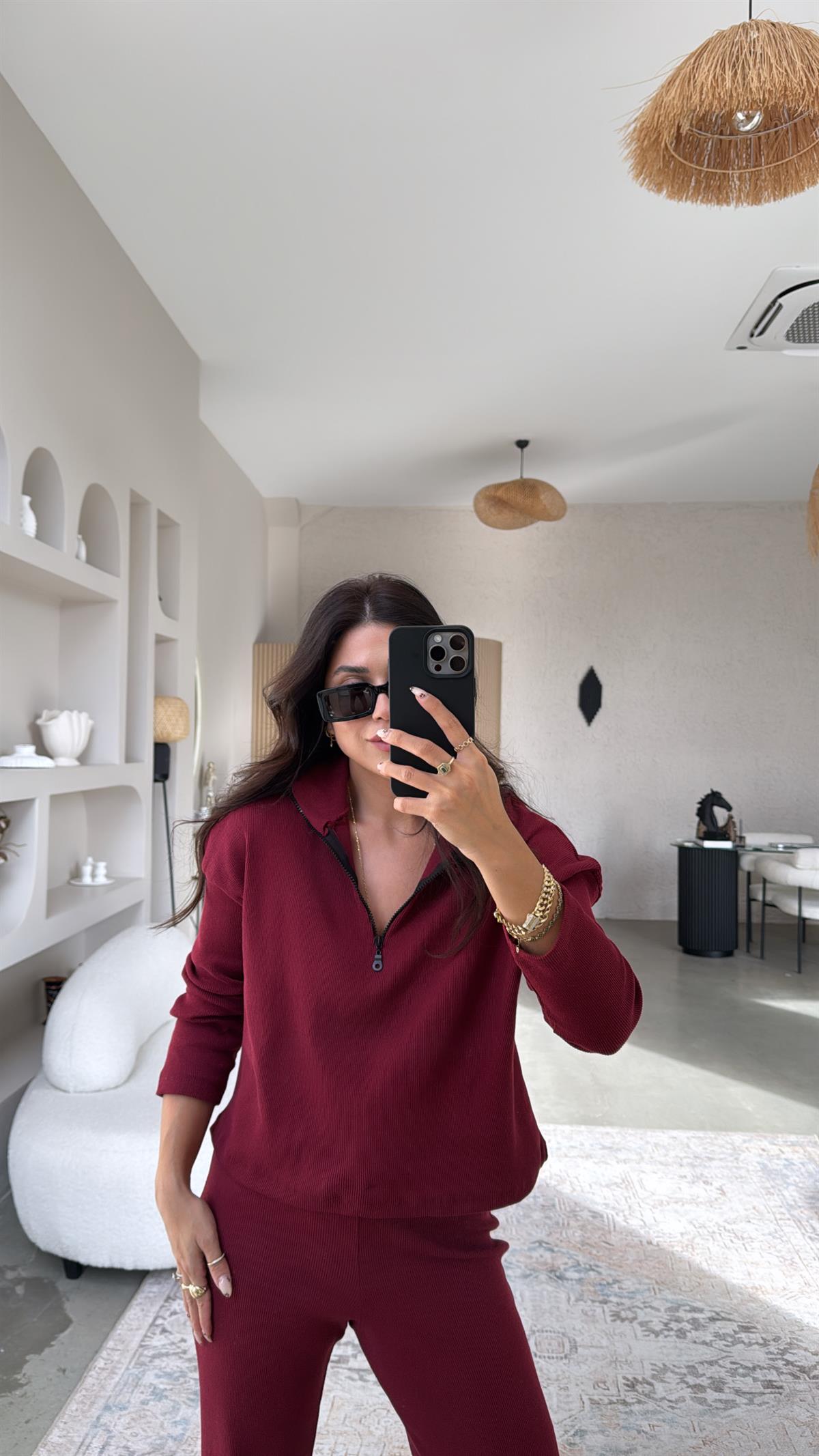 Bordo Yarım Fermuarlı Fitilli Basic Takım