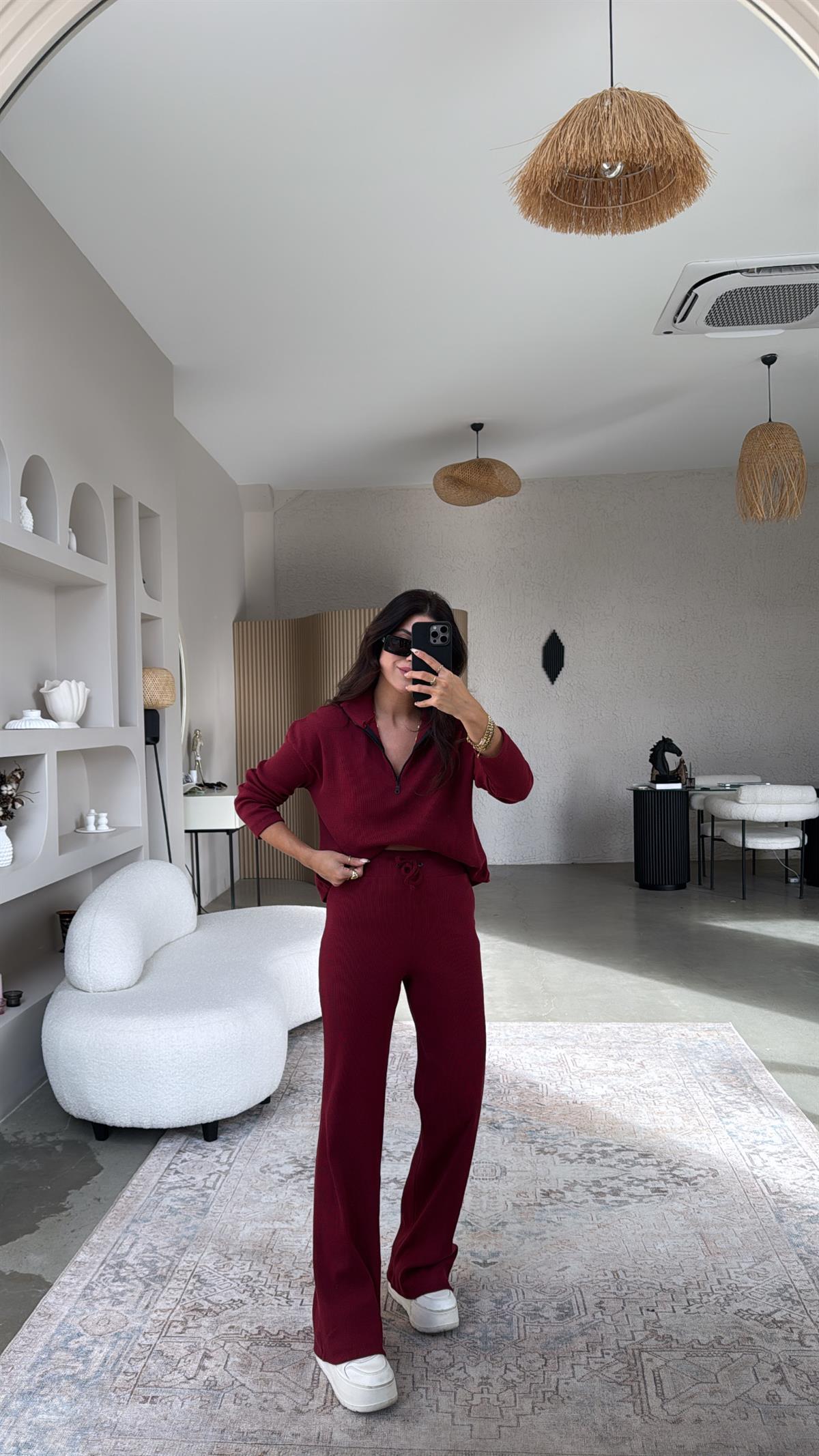 Bordo Yarım Fermuarlı Fitilli Basic Takım