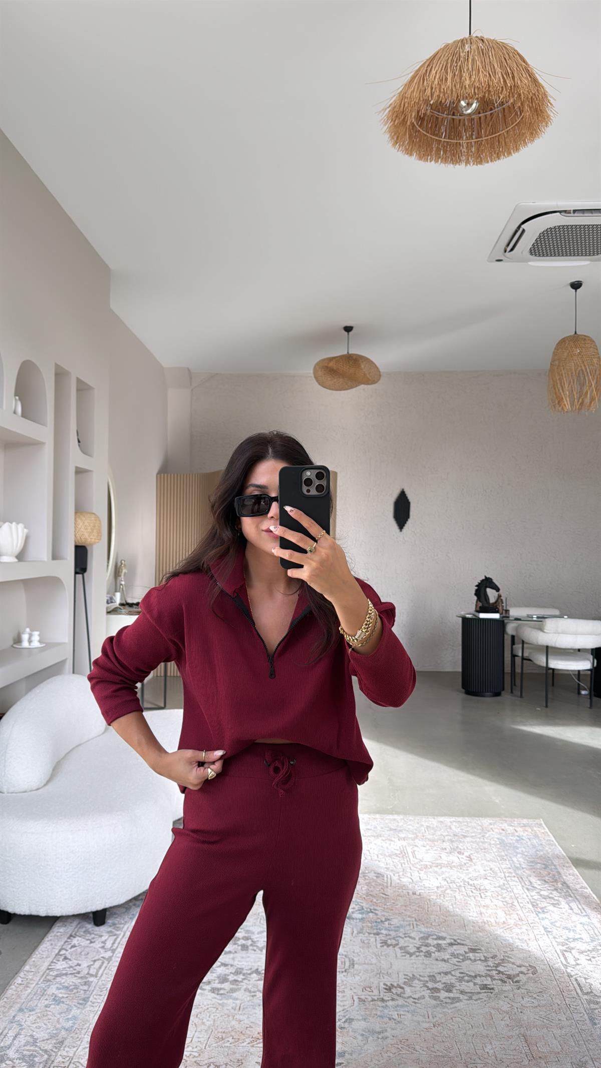 Bordo Yarım Fermuarlı Fitilli Basic Takım